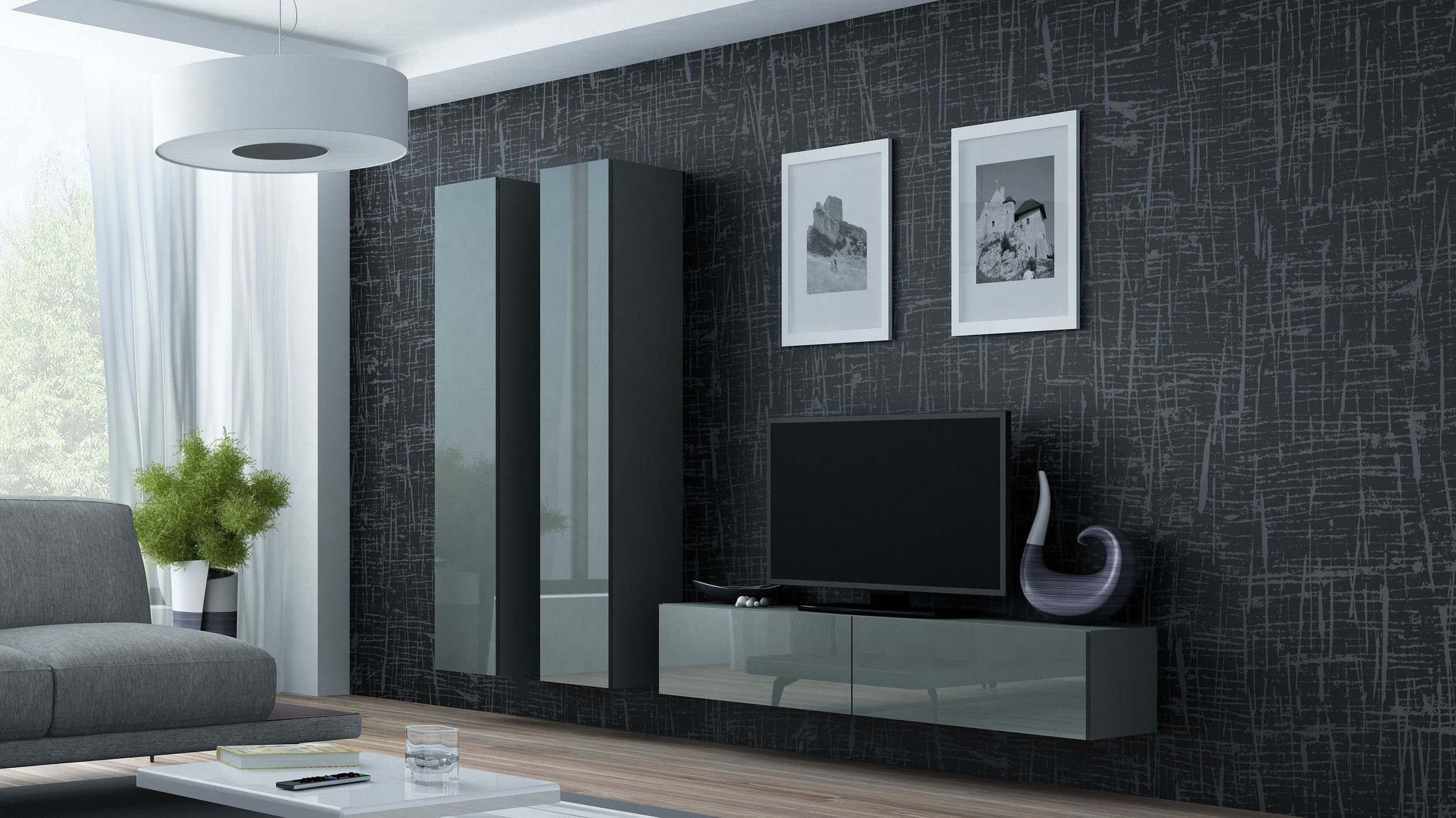 Stylefy Wohnwand Vago IX, (Set (3-St), Wohnmöbel, Wohnzimmer-Set), bestehend aus 1xLowboard und 2xHängeschrank, Hochglanzfronten, mit Push-to-Open, Modern Design Grau Matt - Grau Hochglanz
