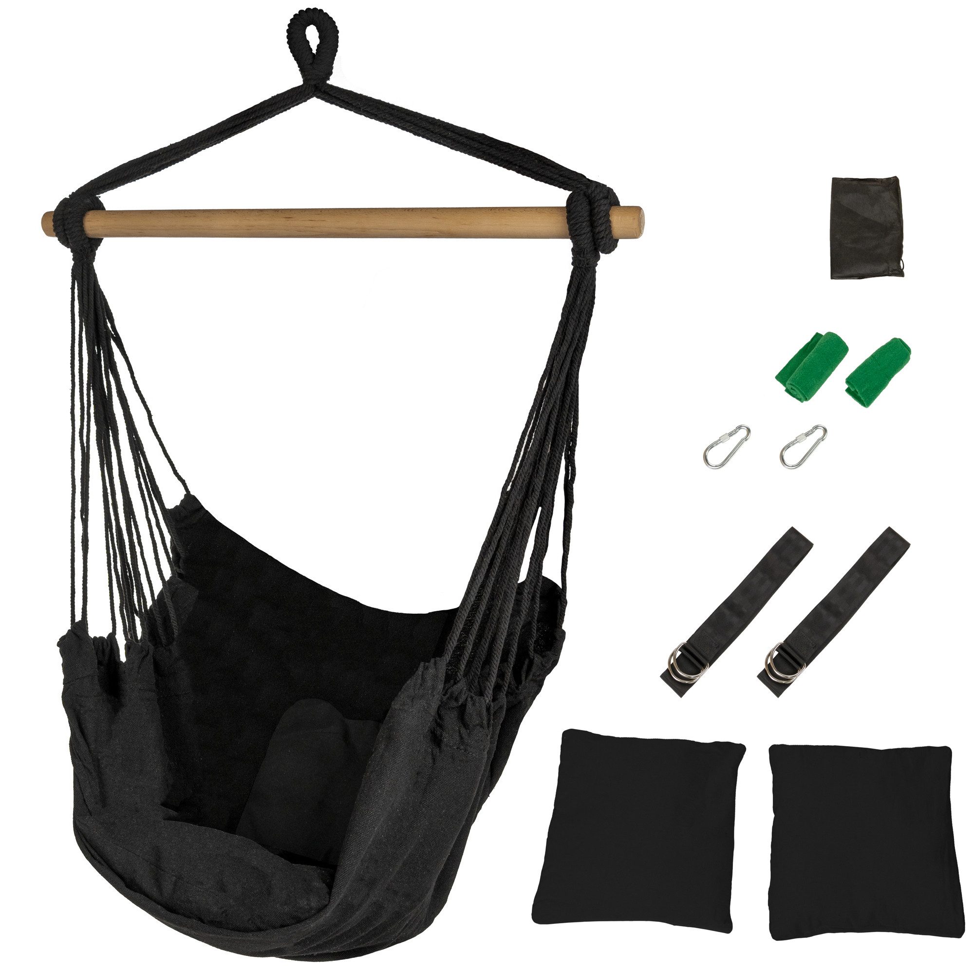 ib style Hängematte Kalea Hängesessel Schwarz, Hängestuhl mit 2 Kissen und Zubehör - bis 150kg belastbar