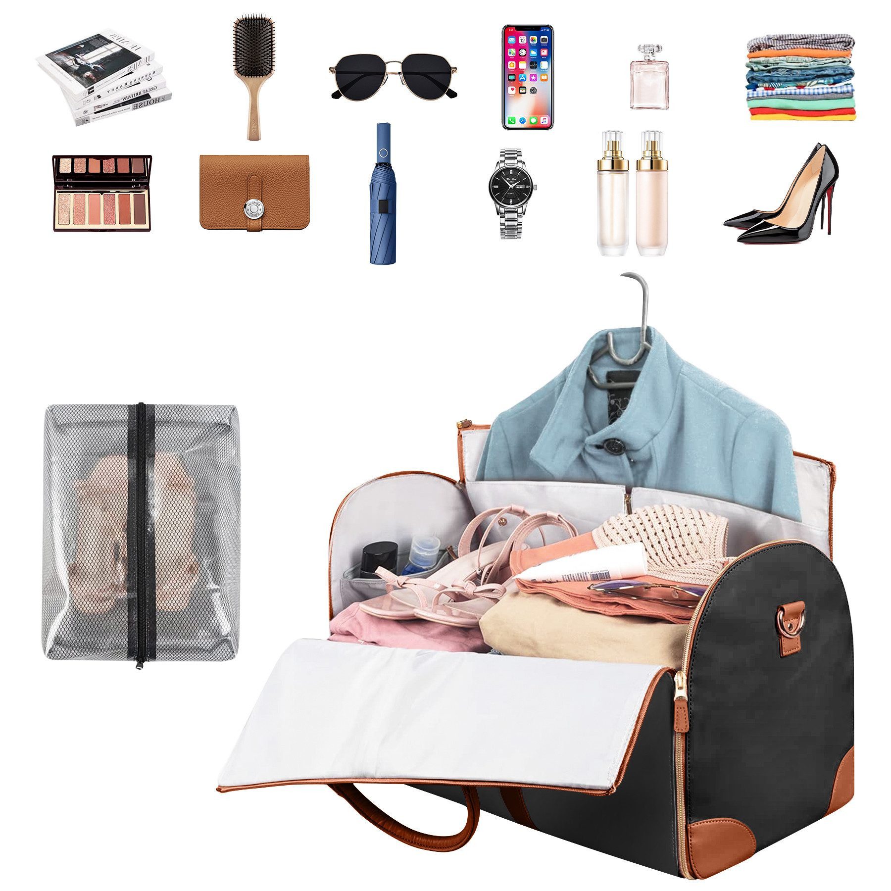 Mutig Reisetasche Reisetasche faltbar, wasserdichter Kleidersack aus Leder (Anzugtasche 2 in 1, hängende Reisetasche mit separatem Schuhbeutel, leicht, Carry-On Garment Duffle Bag, großem Fassungsvermögen, hochwertig), Sporttasche für Reisen, Business und Fitness