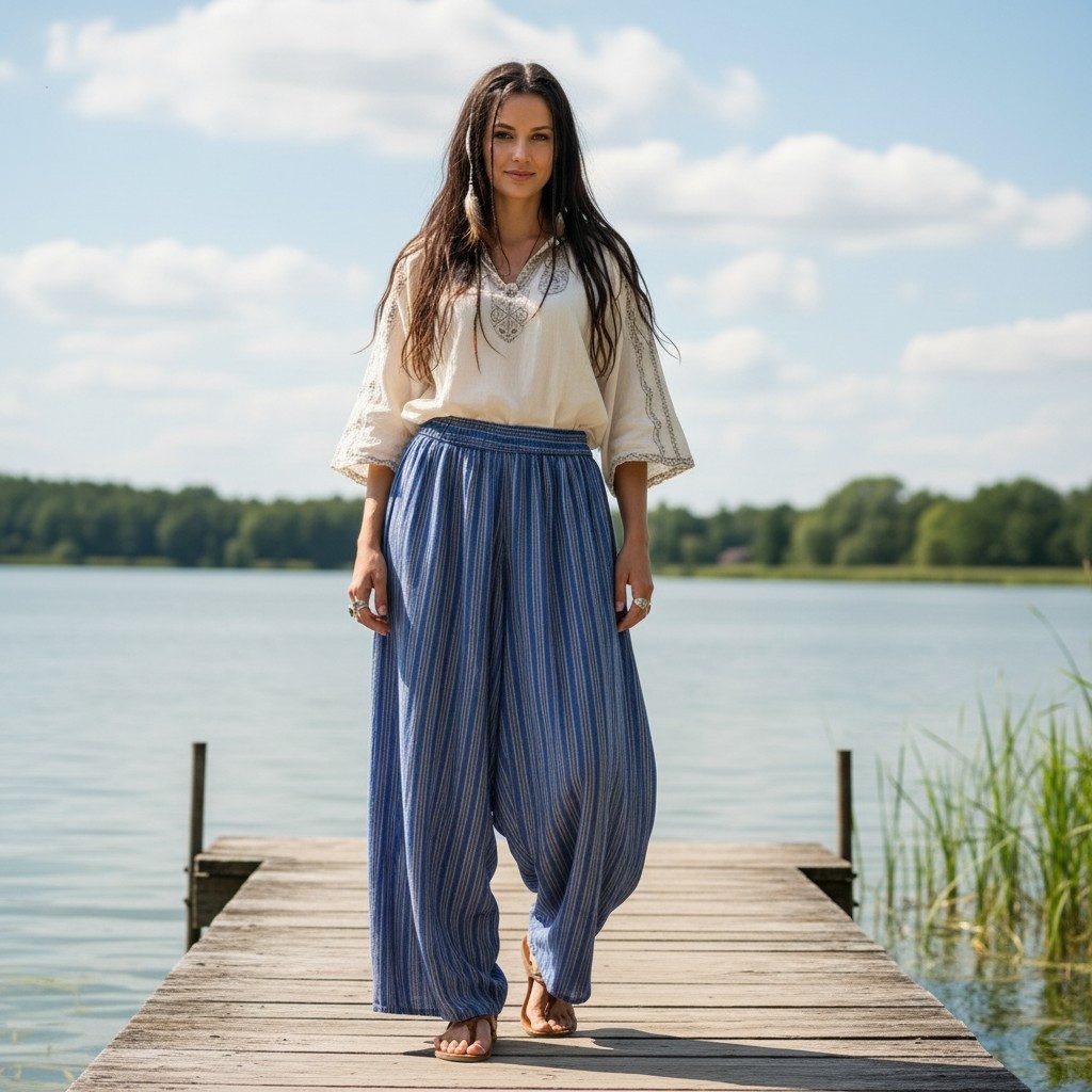 Guru-Shop Relaxhose Weite Marlenehose, gestreifte Sommerhose, Boho.. Ethno Style, alternative Bekleidung