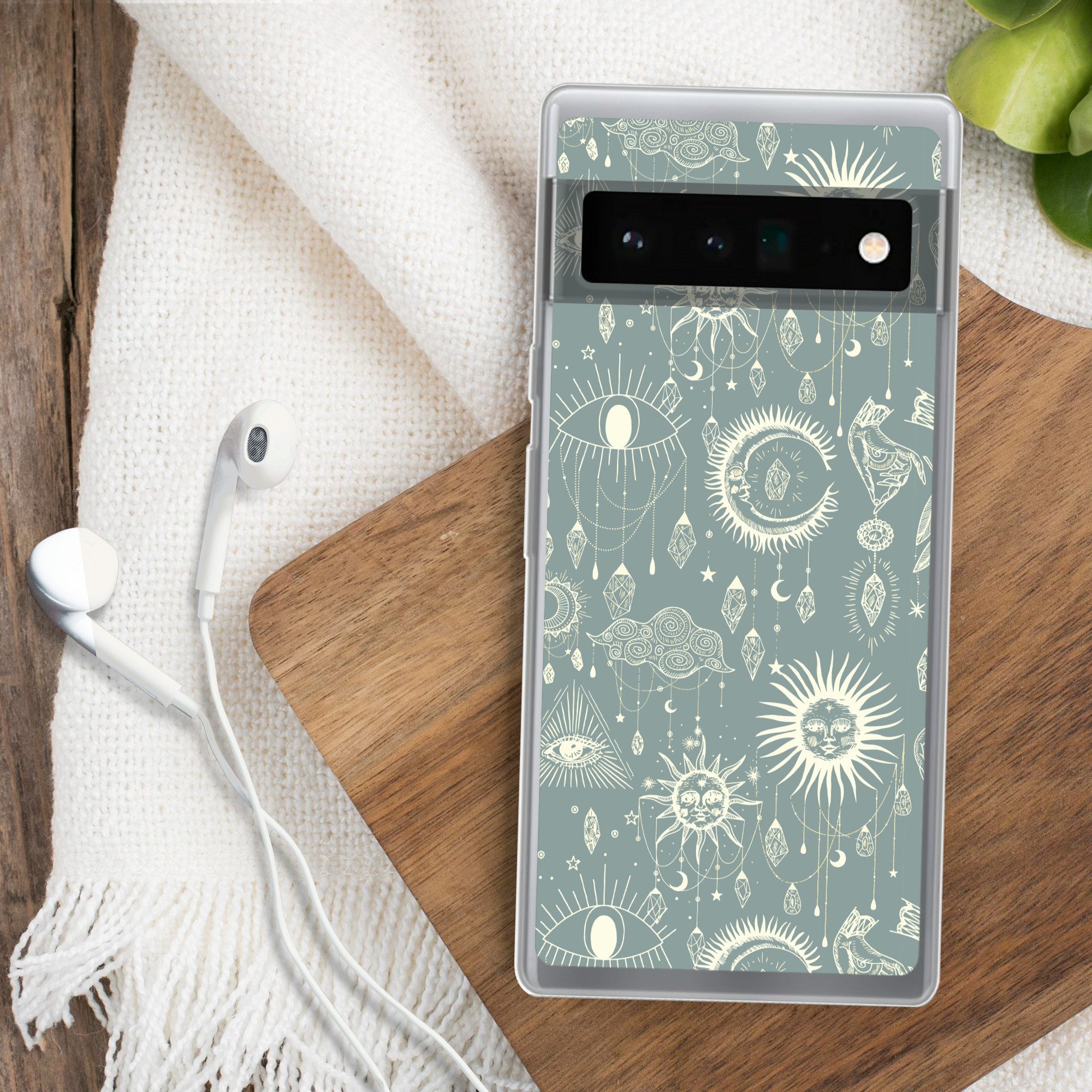 MuchoWow Handyhülle für Google Pixel 6 Pro Boho - Druck - Blau - Sonne - Augen - Zen, Handy Case, Silikon, Bumper Case Dünn