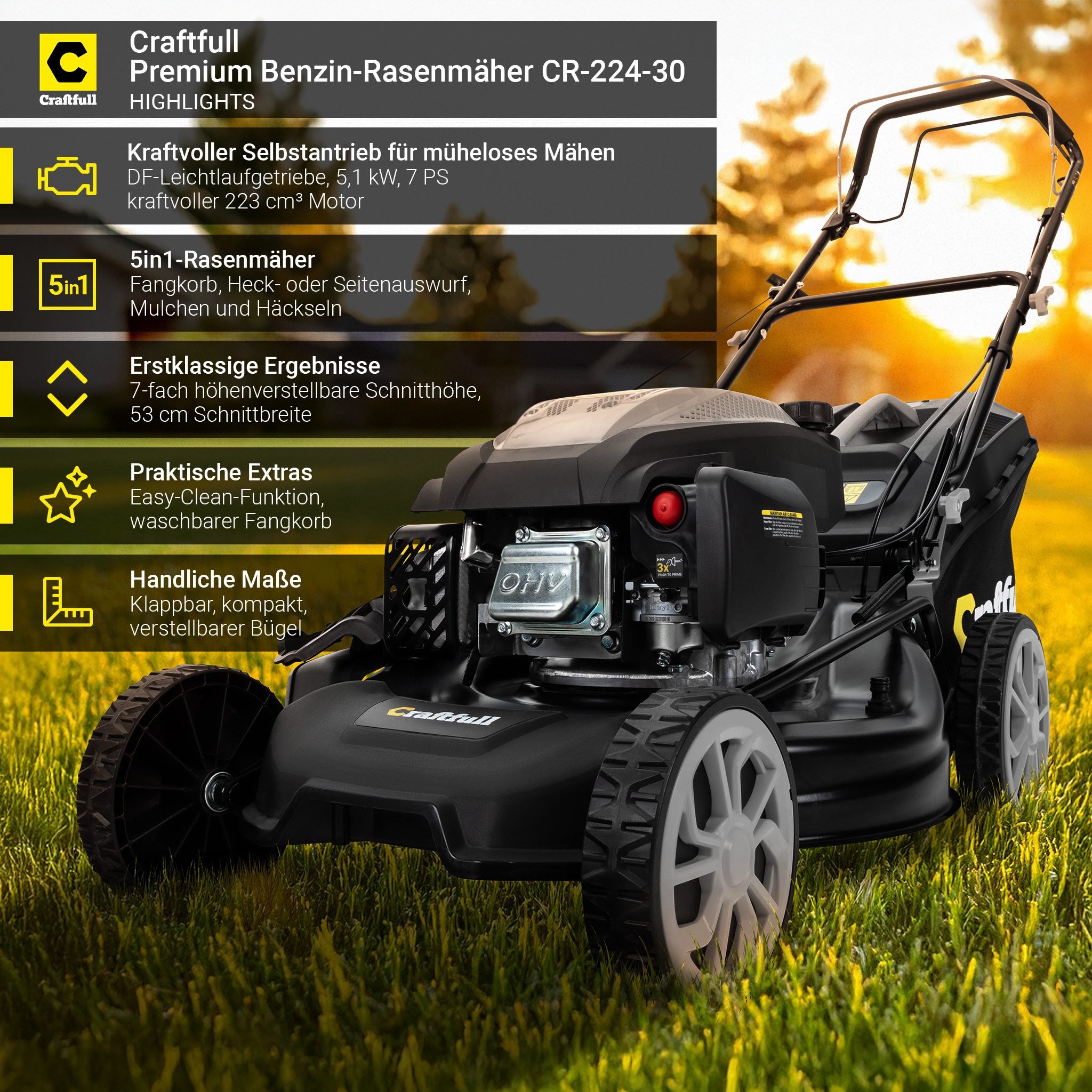 Craftfull Benzinrasenmäher CR-224-30 - 7 PS, 223 cm³ 4-Takt Benzin Rasenmäher, 53 cm Schnittbreite, (Benzinrasenmäher mit Seitenauswurf, Benzin Rasenmäher mit Selbstantrieb, Benzin Rasenmäher), Rasenmäher mit Seitenauswurf