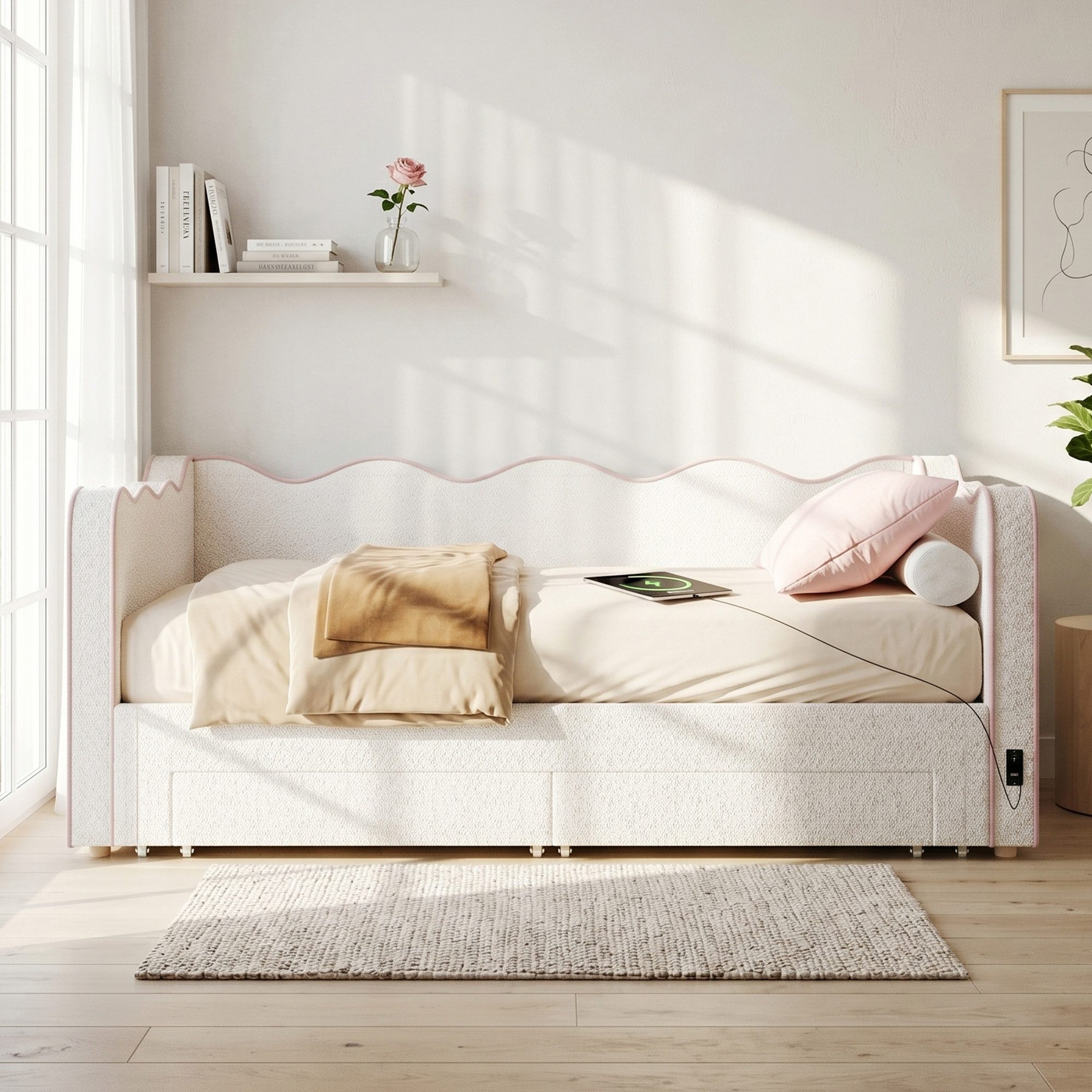 Flieks Daybett, Polsterbett 90/180x200cm mit Schubladen & Ausziehbett & USB-Anschluss
