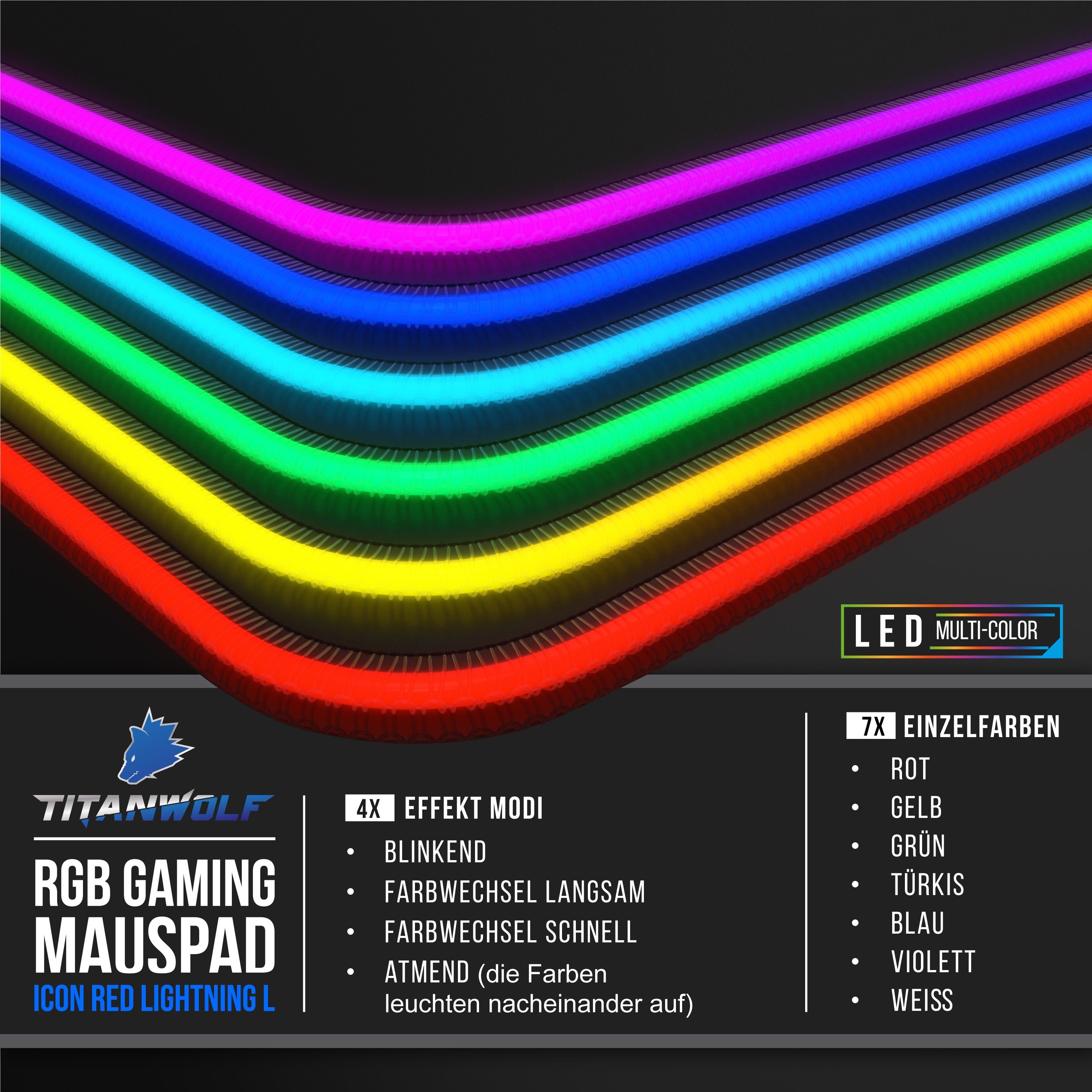 Titanwolf Gaming Mauspad RGB Mousepad 900 x 400 x 3 mm, LED, XXL Schreibtischunterlage (1-St), rutschfest, abwaschbar, Geschwindigkeit & Präzision, Icon rot – Bild 4 von 5