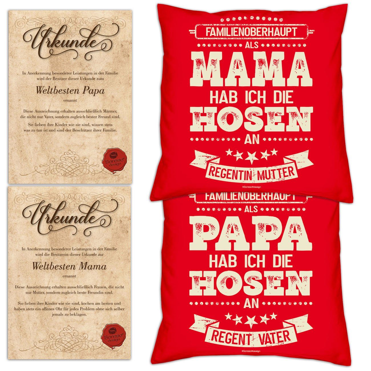 Soreso® Dekokissen Kissen-Set Als Papa hab ich die Hosen an Als Mama hab ich die Hosen an mit Urkunden, Weihnachtsgeschenk für Eltern rot