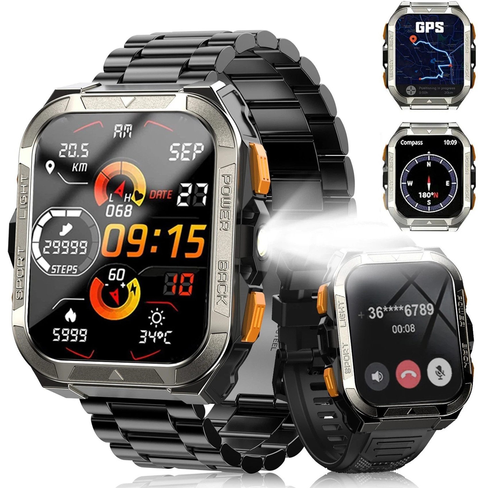 blackview GPS Herren-Smartwatch 2026 mit Taschenlampe & Kompass, Bluetooth-Anrufe Smartwatch (1.91 Zoll, IOS/Android), 1-tlg., 2×Riemen (Silikonband + gewebtes Band) 1×magnetisches Ladekabel, Herzfrequenz-/SpO2-/Blutdruck, ChatGPT, Übersetzerfunktion, IP68