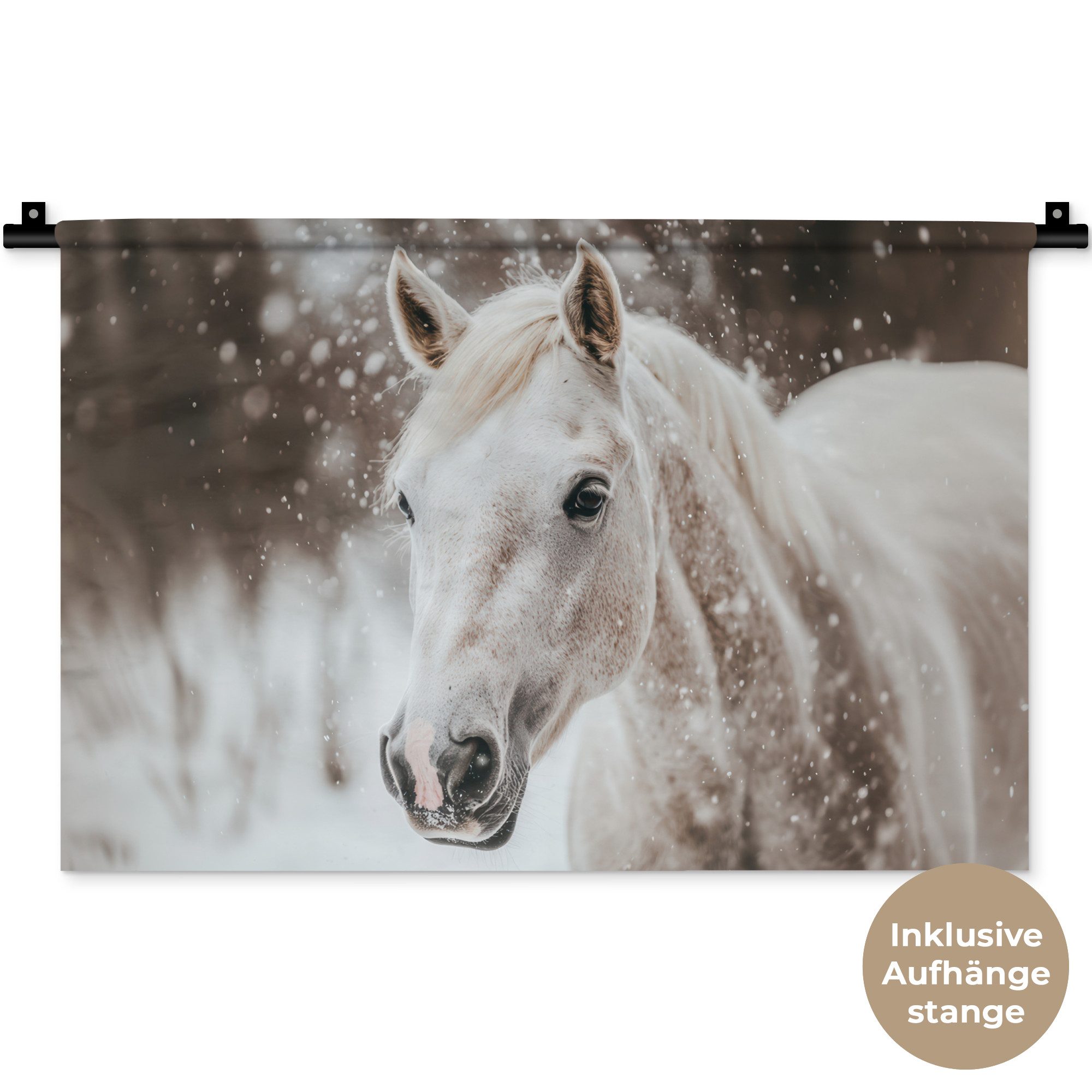 MuchoWow Wandteppich Pferd - Weiß - Winter - Natur - Schnee - Tiere, Rechteckig, Höhe: 3 mm, Wandteppich für Wohnzimmer, Schlafzimmer, 60x40 cm