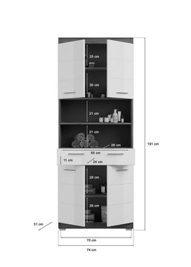 möbelando Hochschrank Sandusky Moderner Hochschrank, Korpus aus Spanplatte in Rauchsilber Nachbildung, Front aus MDF in Weiß-Hochglanz mit 4 Holztüren, 1 Schubkasten, 3 Einlegeböden und 2 offenen Fächern. Breite 74 cm, Höhe 191 cm, Tiefe 31 cm