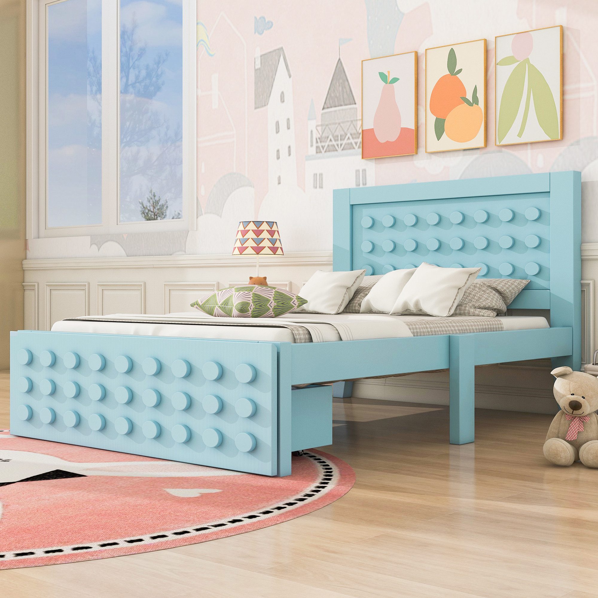 Flieks Kinderbett, Holzbett Einzelbett 90x200cm Bausteine-Form günstig online kaufen