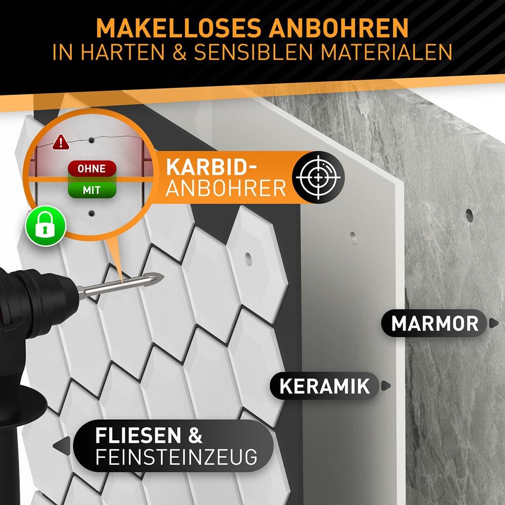 Hardtwerk® Diamanttrockenbohrer Set 6-teilig inkl. Reinigungspin, für Keramik Granit Quarz Kalkstein Marmor Diamantkornung Fliesenarbeit – Bild 5 von 5