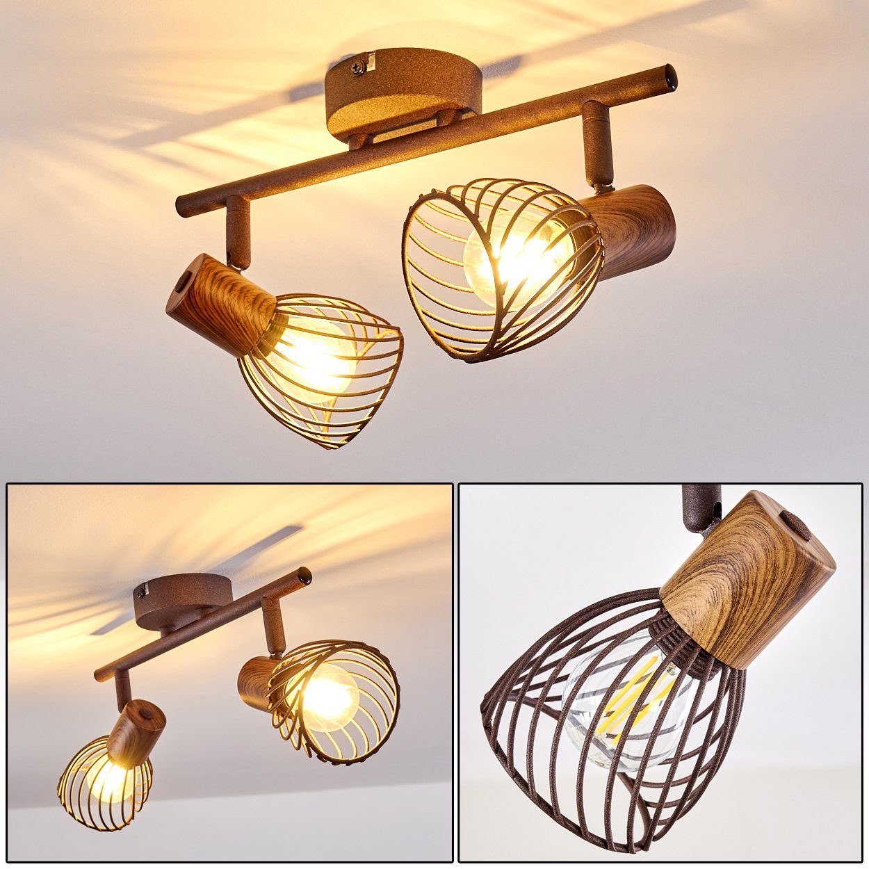 hofstein Deckenleuchte »Laccio« Deckenlampe aus Metall/Holz in Rost/Braun, ohne Leuchtmittel, mit verstellbaren Strahlern, 2xE14, Spot im Retro/Vintage Design | Deckenlampen