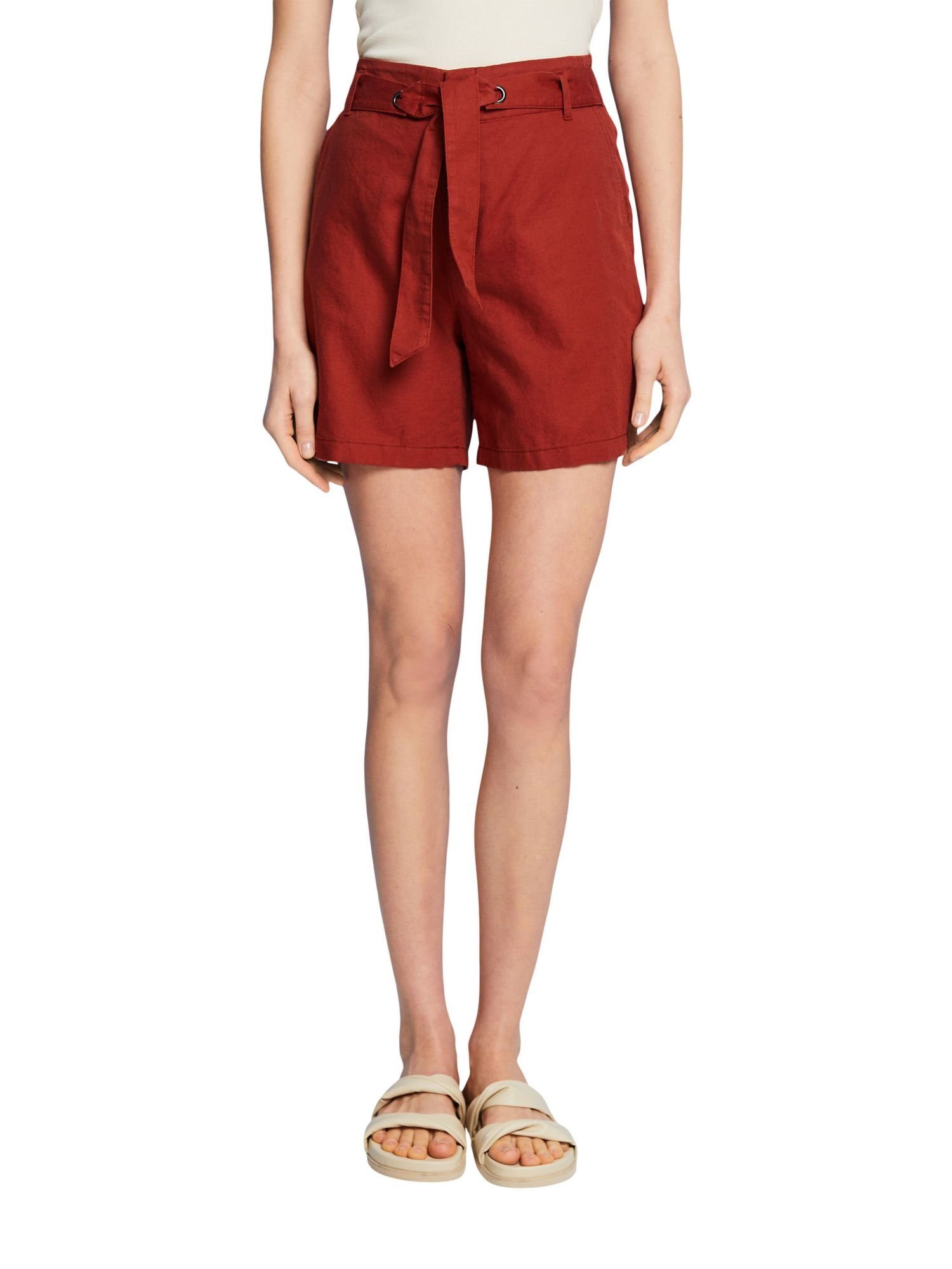 Shorts Shorts mit Esprit Bindegürtel, Baumwoll-Leinenmix (1-tlg) TERRACOTTA