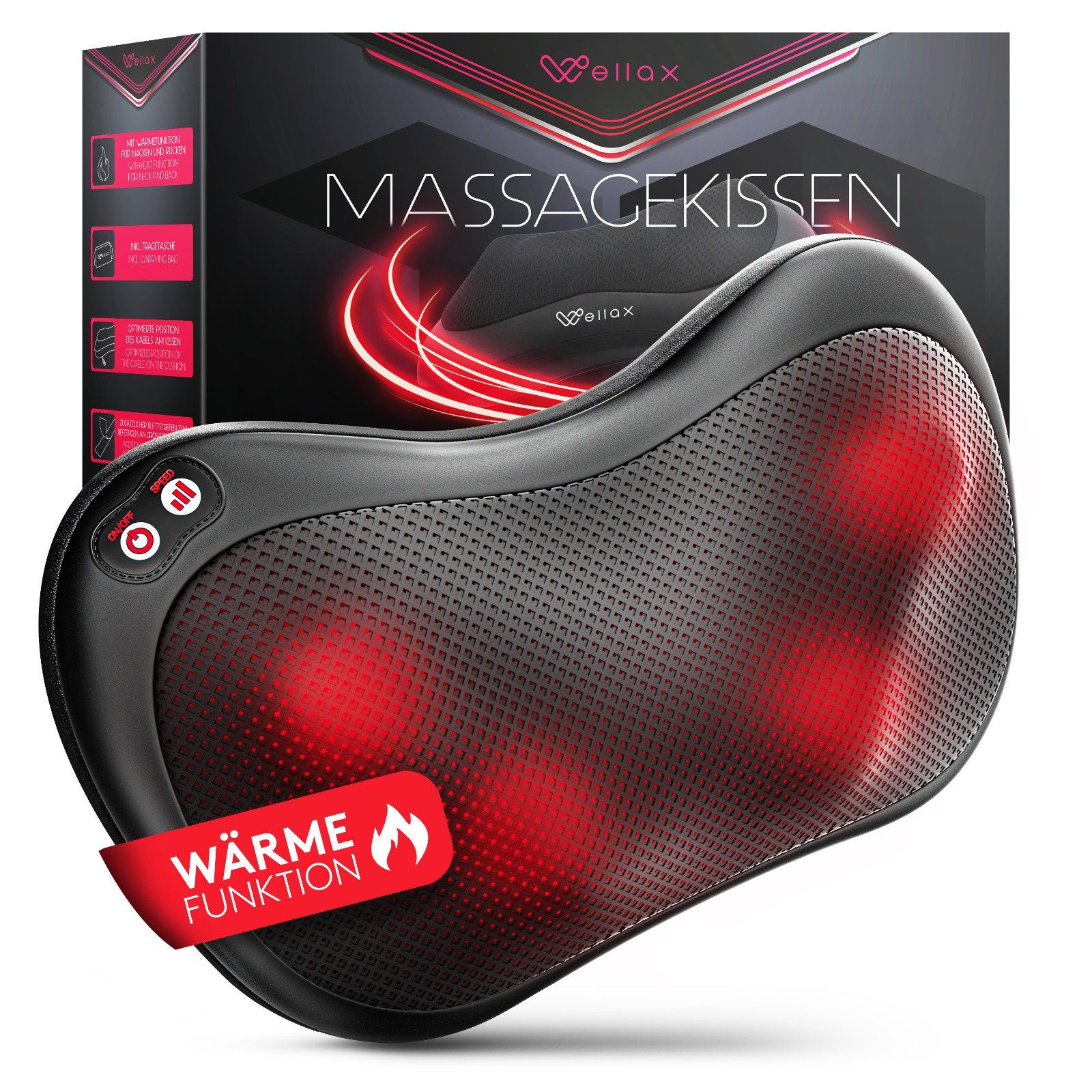 Wellax Nacken-Massagegerät mit Wärmefunktion - Massagekissen für Nacken und Schulter, 360° Shiatsu-Massage, 3 Geschwindigkeitsstufen inkl. Verlängerungsgurt