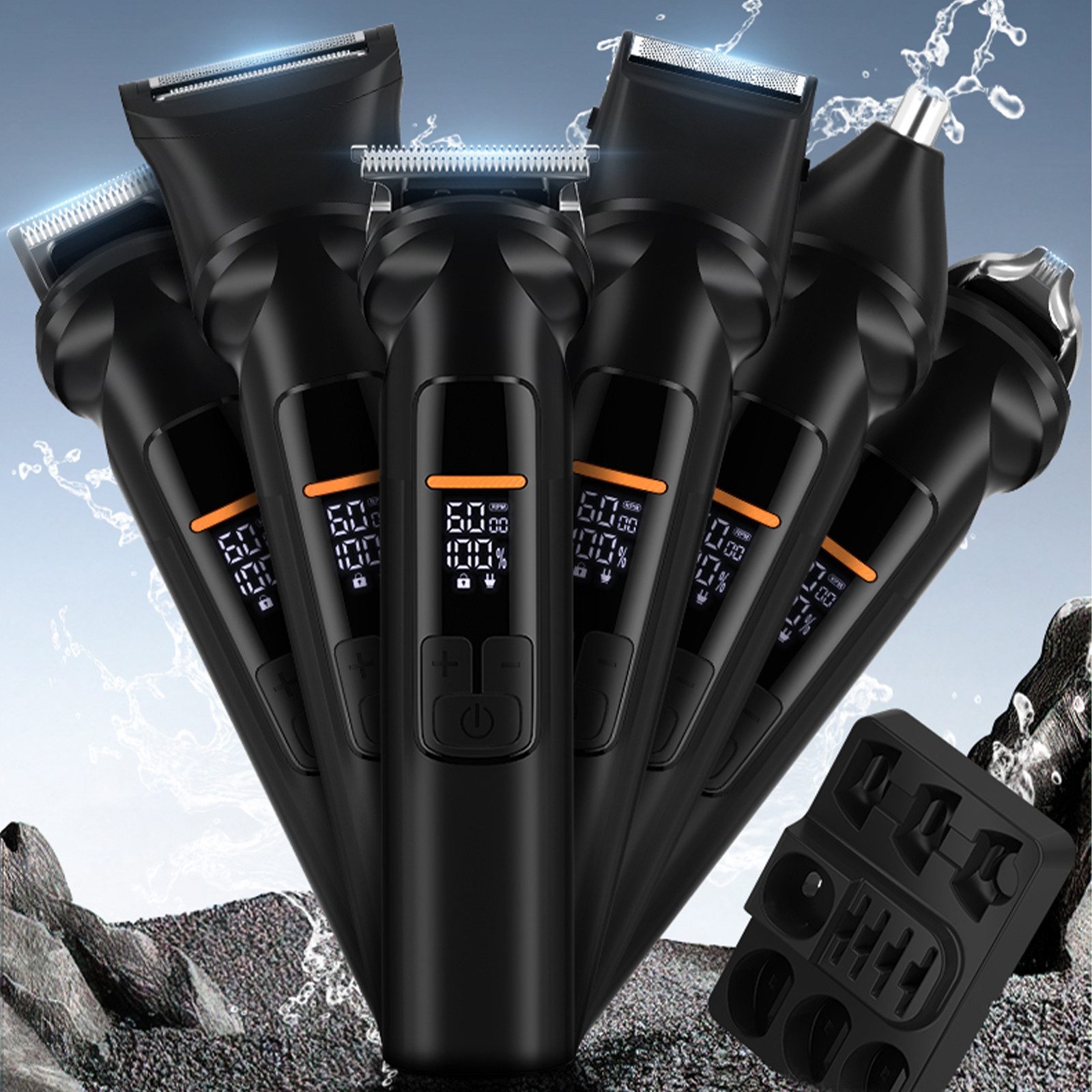 MODFU Haarschneider Profi 6-in-1 Bartschneider Set Herren mit LCD Display, Trimmer mit Edelstahlklingen Nasenhaartrimmer, 1200mAh Akku USB-Ladung leise hautfreundlich