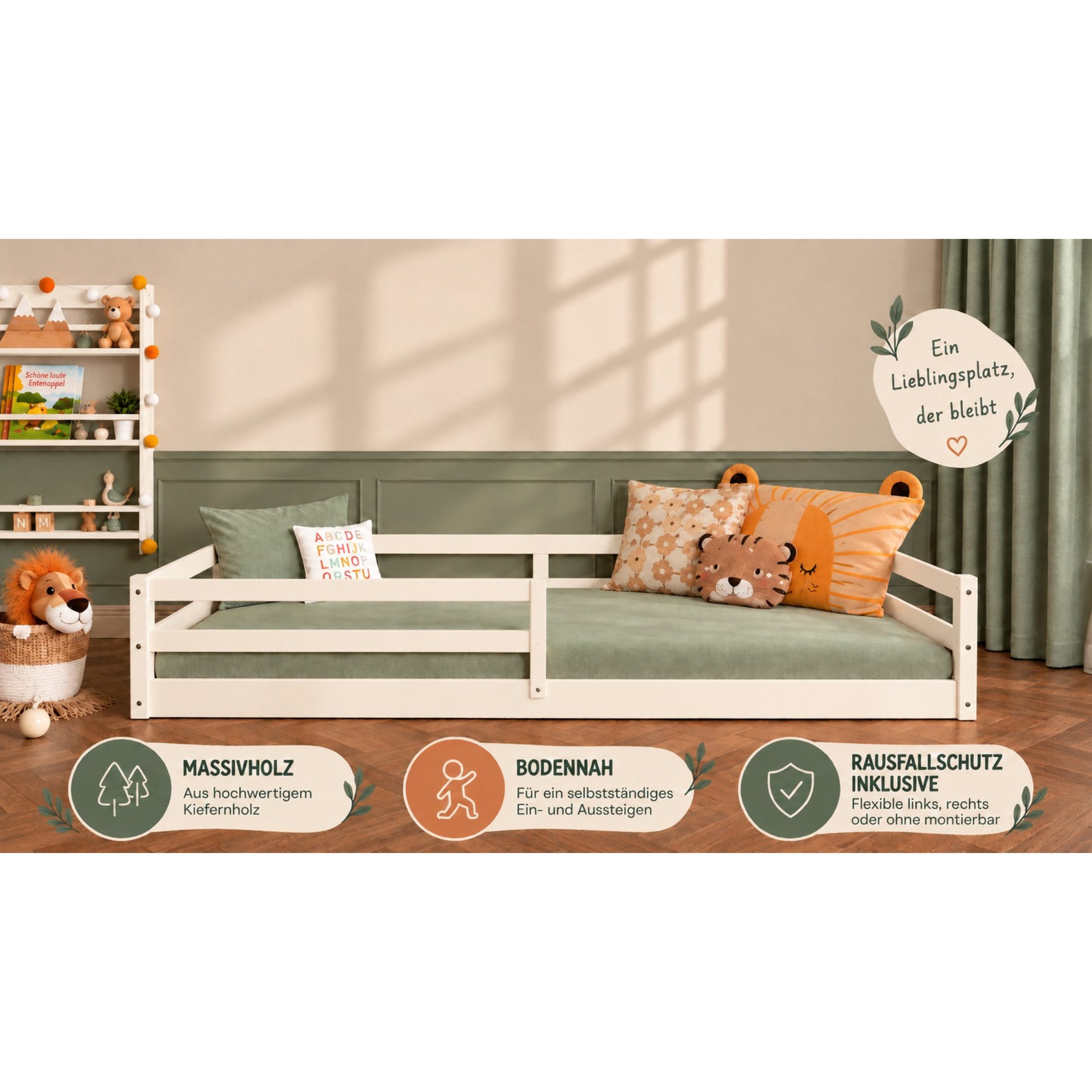Ticaa Kinderbett Neo Hausbett Bodenbett mit Rausfallschutz 150kg (90x200 aus Kiefer Massivholz), inkl. stabilem Roll-Lattenrost, Weiß – Bild 2 von 5