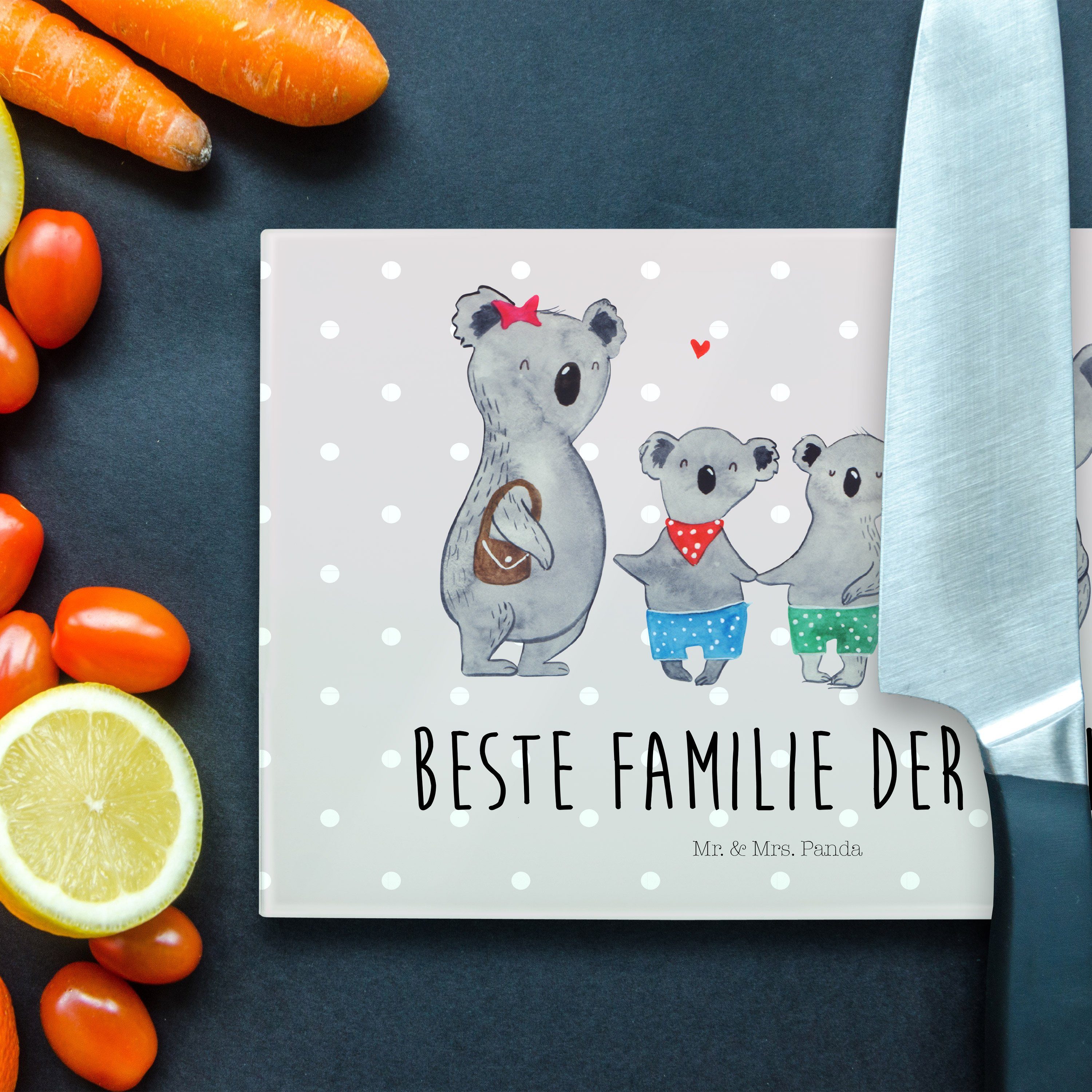 Koala Grau Familie Familienl, (1-St) Geschenk, Panda Mrs. Servierbrett - Mr. Pastell - Premium Glas, Familienzeit, zwei &