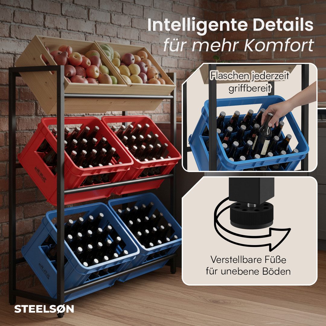 STEELSØN Flaschenregal Mystra in schwarz, Getränkekistenregal aus Stahl für 6 Kisten, auch verfügbar für 2 oder 3 Kisten
