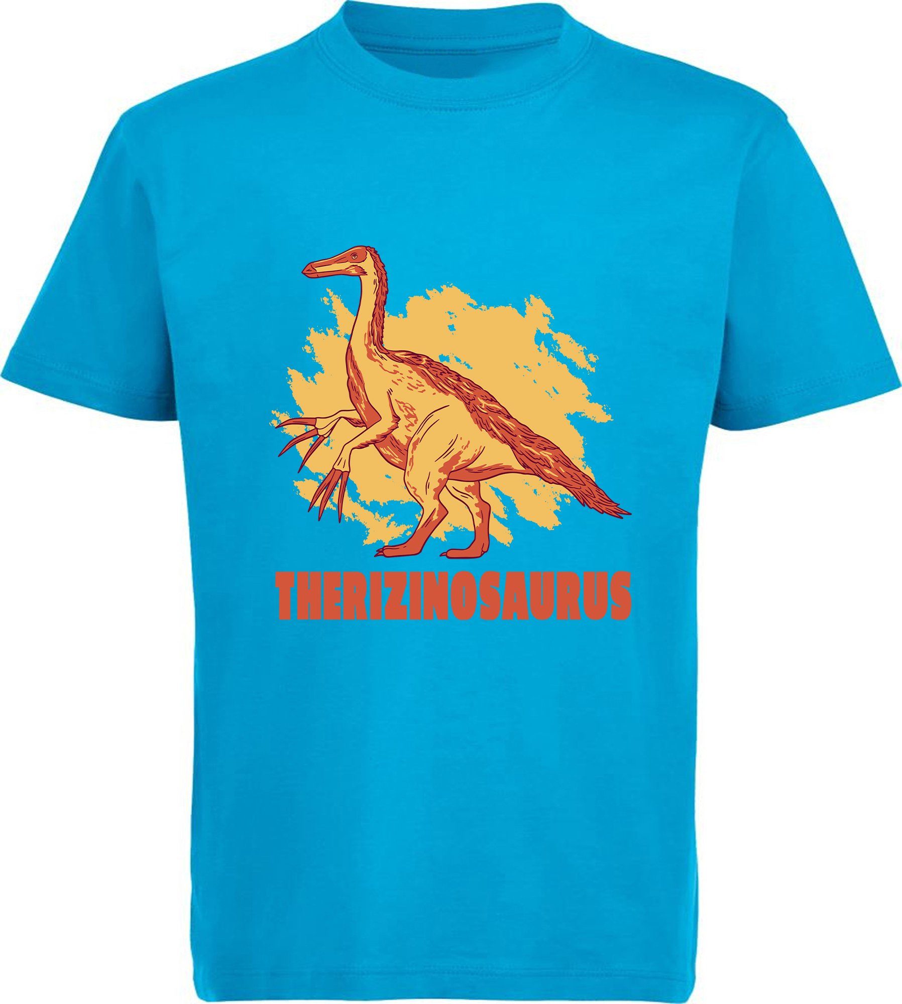 MyDesign24 Print-Shirt bedrucktes Kinder T-Shirt mit Therizinosaurus Baumwollshirt mit Dino, schwarz, weiß, rot, blau, i87 aqua blau