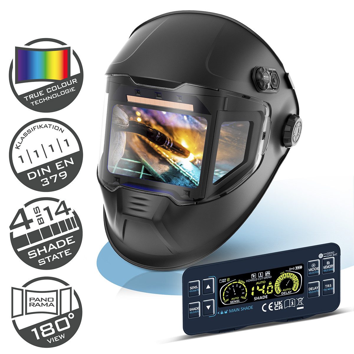 STAHLWERK Schweißhelm Automatik-Schweißhelm SPLIT 3-in-1 mit 180° (Set, 1-tlg., Set), True-Colour-Echtfarbwiedergabe