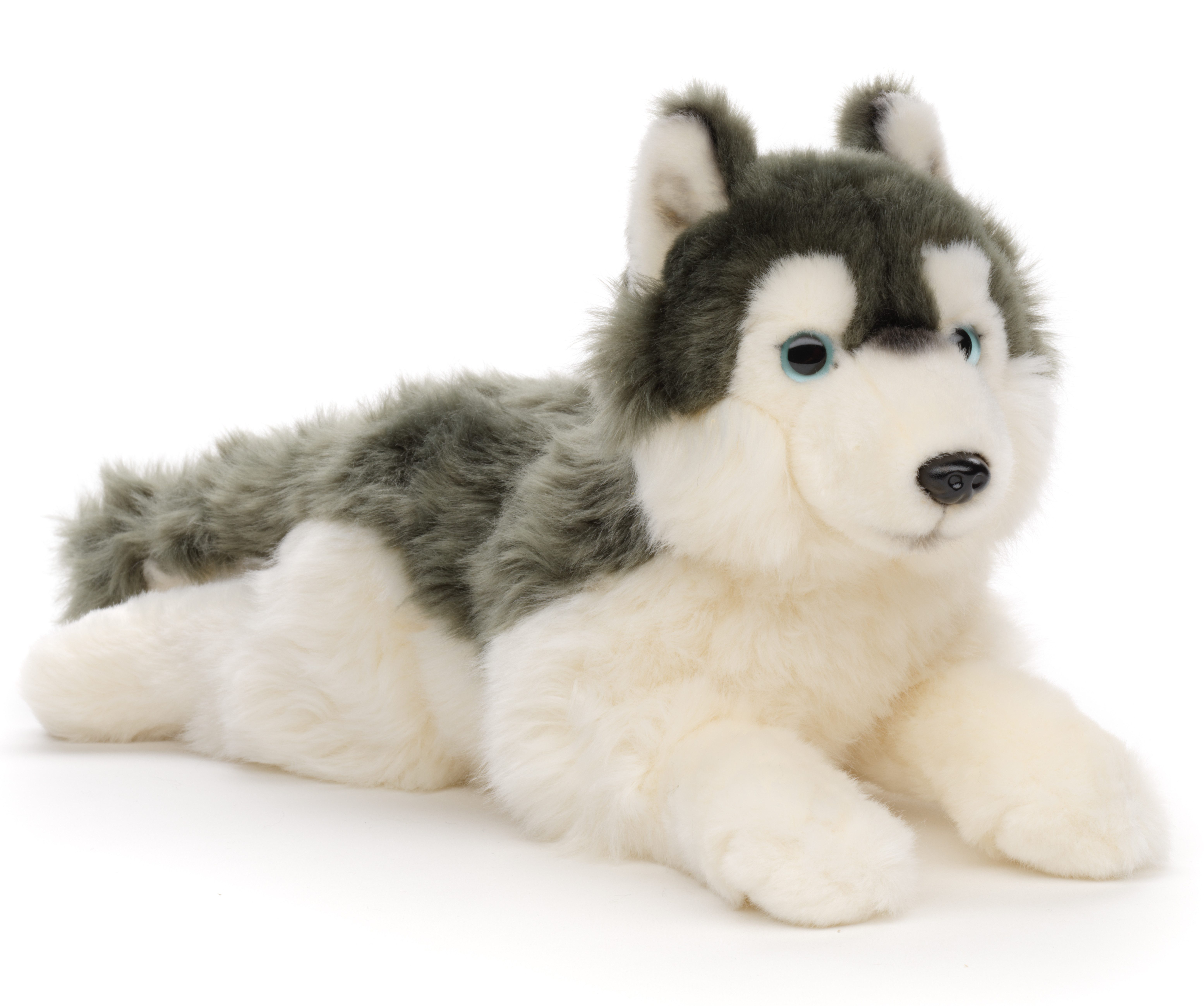 Uni-Toys Kuscheltier Husky grau, liegend - 38 cm (Länge) - Plüsch-Hund - Plüschtier, zu 100 % recyceltes Füllmaterial