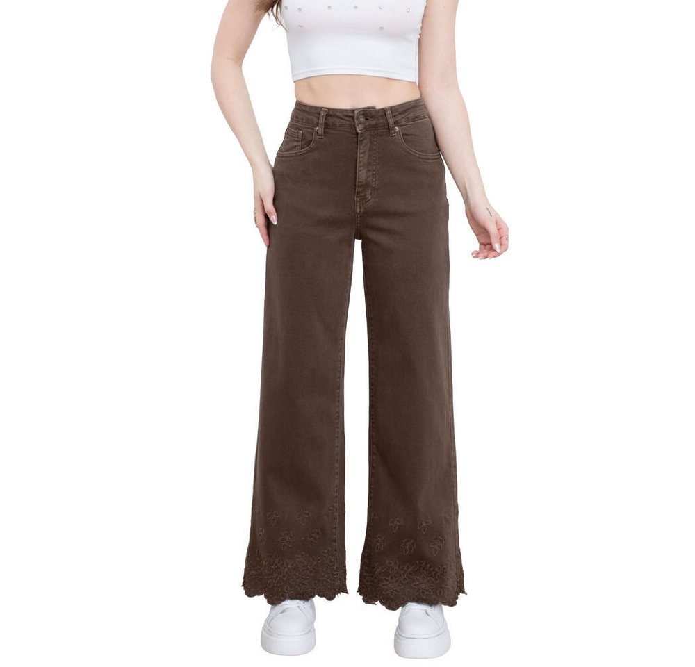 Ital-Design Dad-Jeans Damen High Waist Flared Jeans mit Saumdetail (91767207) Bestickt Stretch High Waist Jeans in Braun