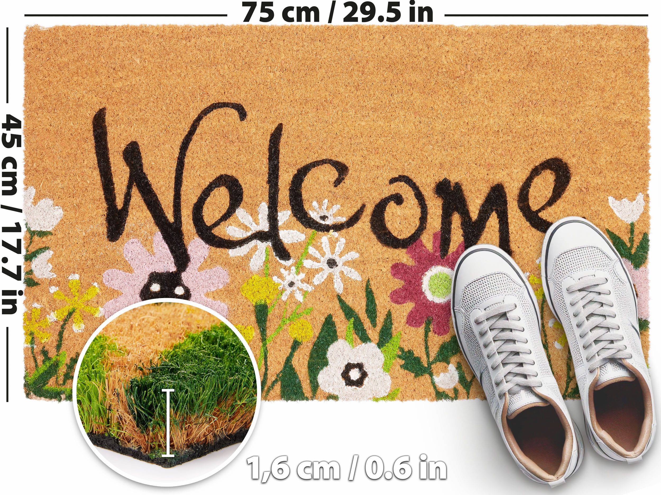 BRUBAKER Fußmatte Blumen und Pflanzen - 45 x 75 cm Schmutzfangmatte - Kokos Fußabtreter, Rechteckig, Höhe: 16 mm, Antirutsch Türmatte für Außen und Innen - Wett – Bild 5 von 5