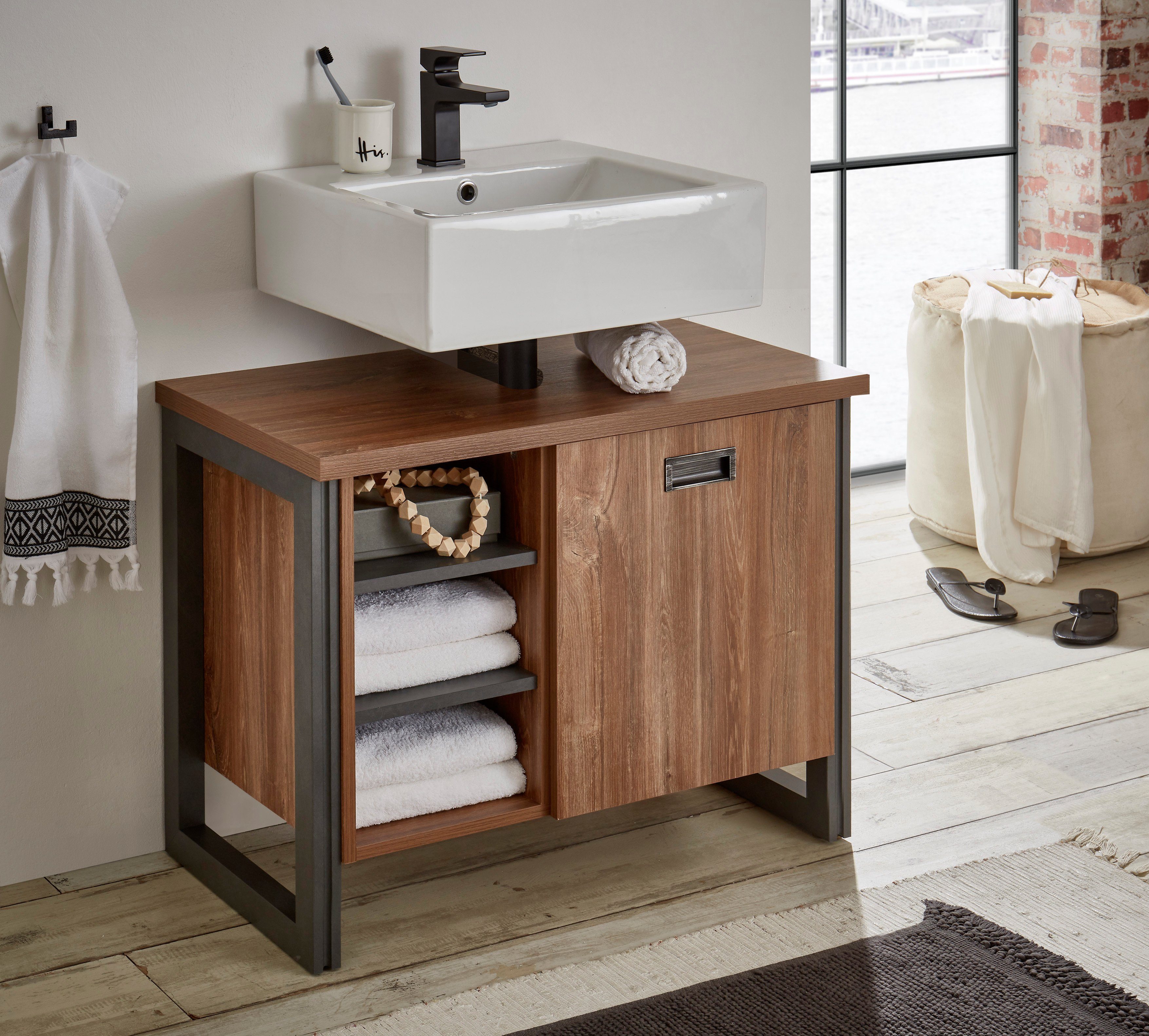 Home affaire Waschbeckenunterschrank Detroit, Waschtisch mit Apothekergriff, Badschrank im Industrialdesign Eiche Dekor, mit offenen Fächern & Stauraum, Breite 81 cm