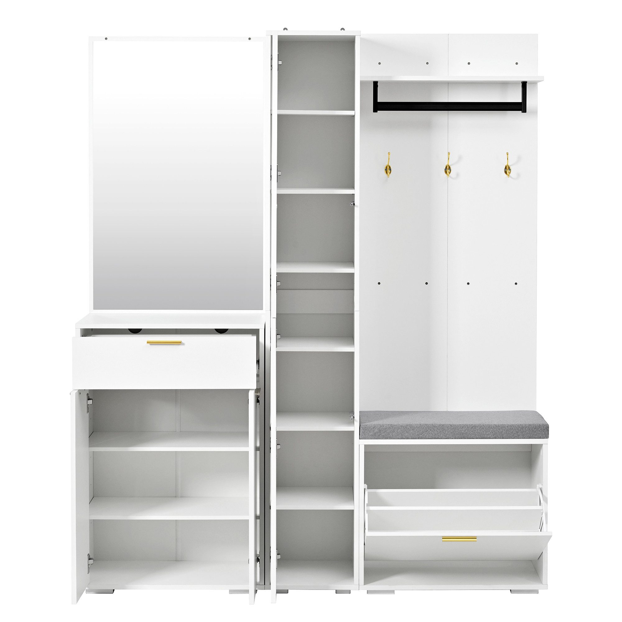 Flieks Garderoben-Set Spiegel & Kleiderhaken, Schuhschrank mit SItzkissen und Klappen, (B150xT36xH180 cm, Schrank mit verstellbaren Einlegeböden), Kompaktgarder – Bild 5 von 5