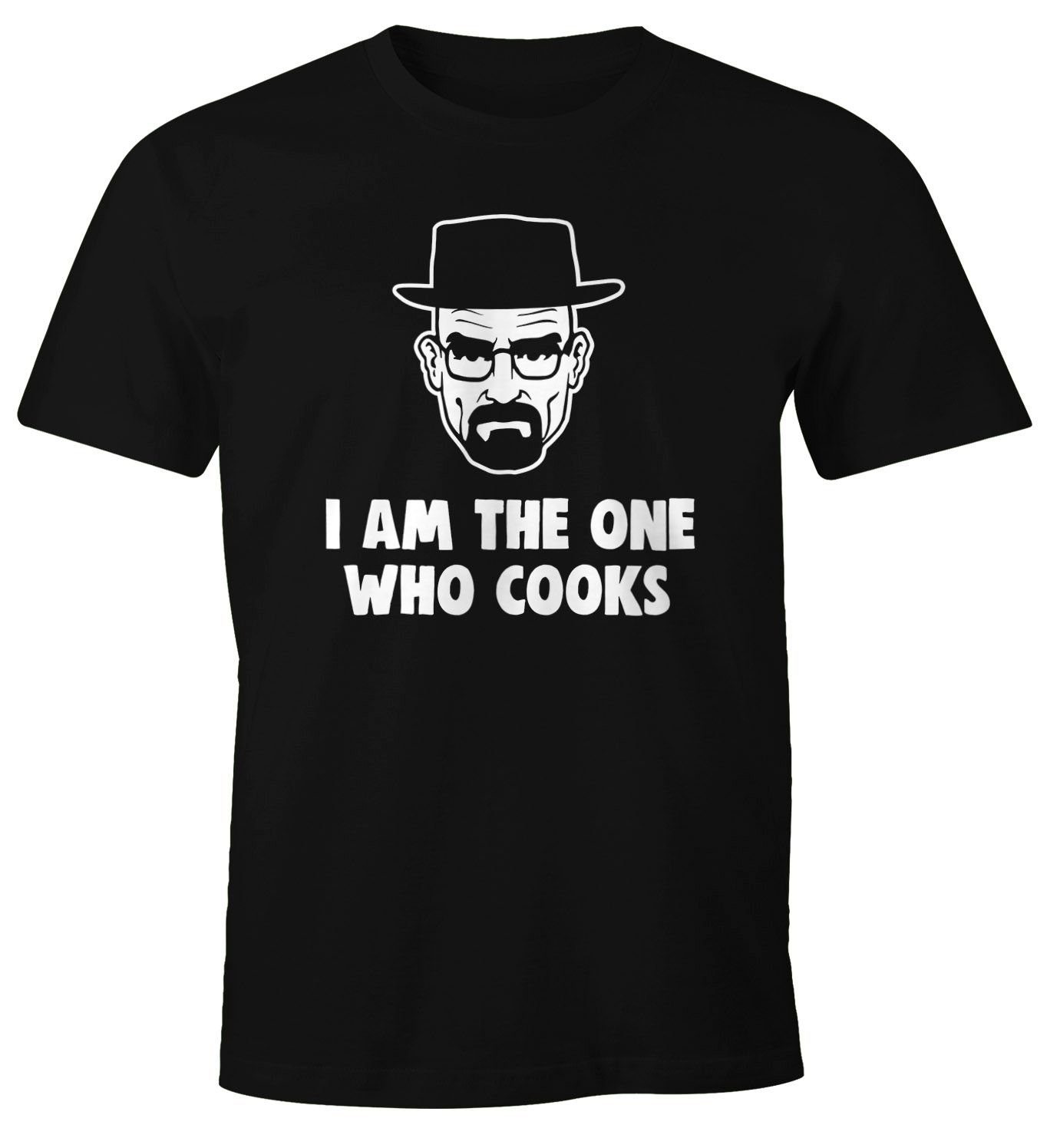 MoonWorks Print-Shirt Herren T-Shirt Grillen Heisenberg I am the one who cooks Barbecue BBQ Fleisch Parodie Fun-Shirt Moonworks® mit Print