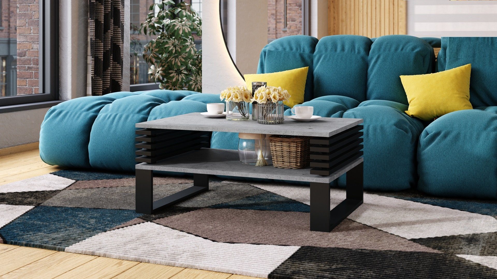 designimpex Couchtisch Design Gokee Tisch Wohnzimmertisch 90x42x60cm mit Ablagefläche Beton - Schwarz matt