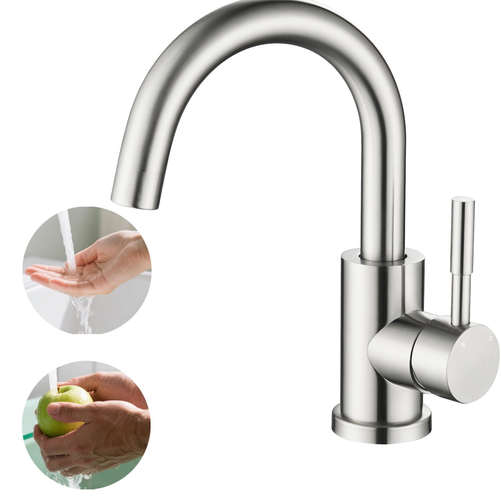 AICA Waschtischarmatur Wasserhahn Bad 360° Drehbar, Warm&Kaltwasser Mischbatterie Edelstahl Waschtischarmatur Hoch für Badezimmer