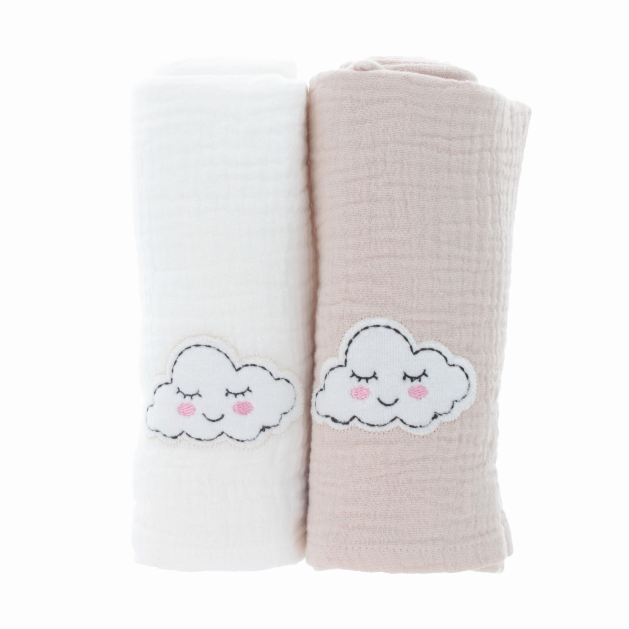 PARSA Beauty Badetücher Baby Mulltücher aus Musselin, 2er-Set in Beige & Weiß mit Wölkchen