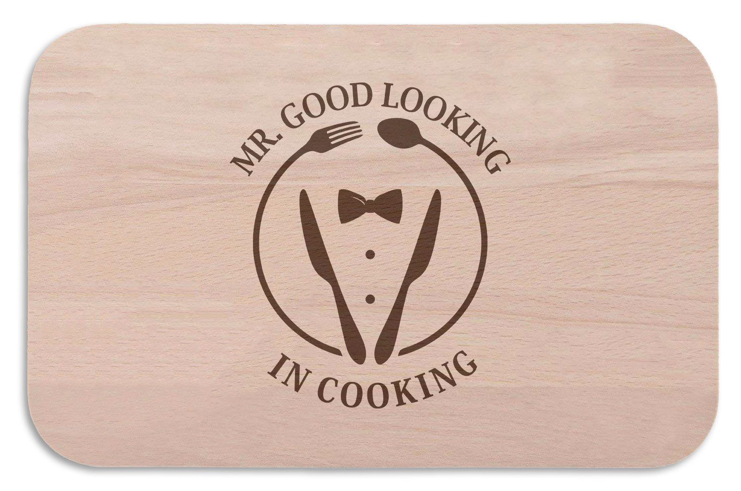 GRAVURZEILE Schneidebrett Frühstücksbrettchen mit Gravur - Mr good Looking in Cooking, Buchenholz, (Kein Set)