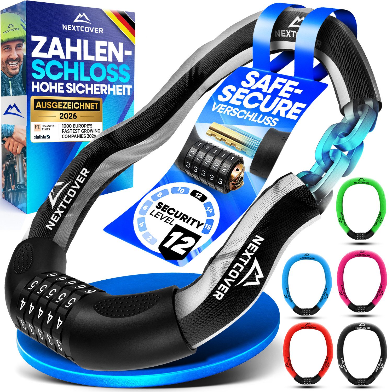 Nextcover Kettenschloss Fahrradschloss mit Zahlencode - Sicherheitsverschluss