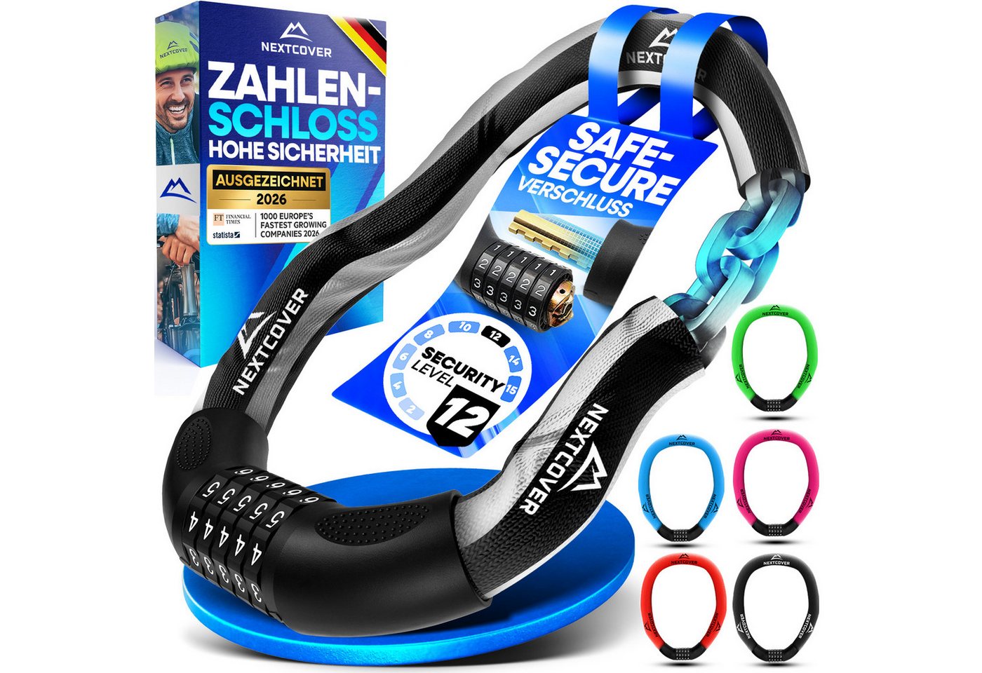 Nextcover Kettenschloss Fahrradschloss mit Zahlencode - Sicherheitsverschluss