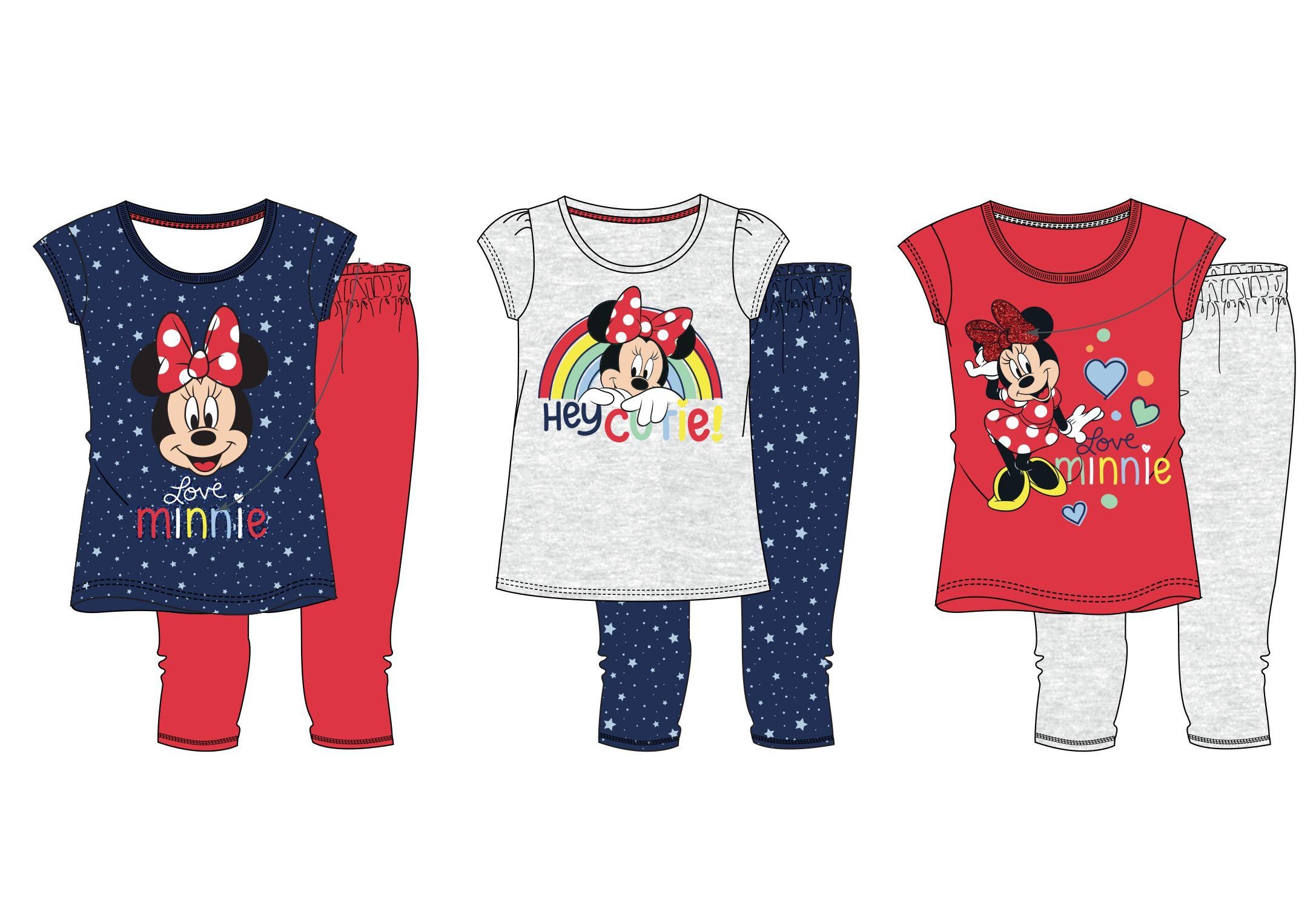 Disney Minnie Mouse Capri-Pyjama 3x MINNIE MOUSE Pyjama Mädchen Schlafanzug Set 3 Stück Kinder 2 3 4 5 6 7 8 9 10 Jahre Gr.98 104 110 116 128