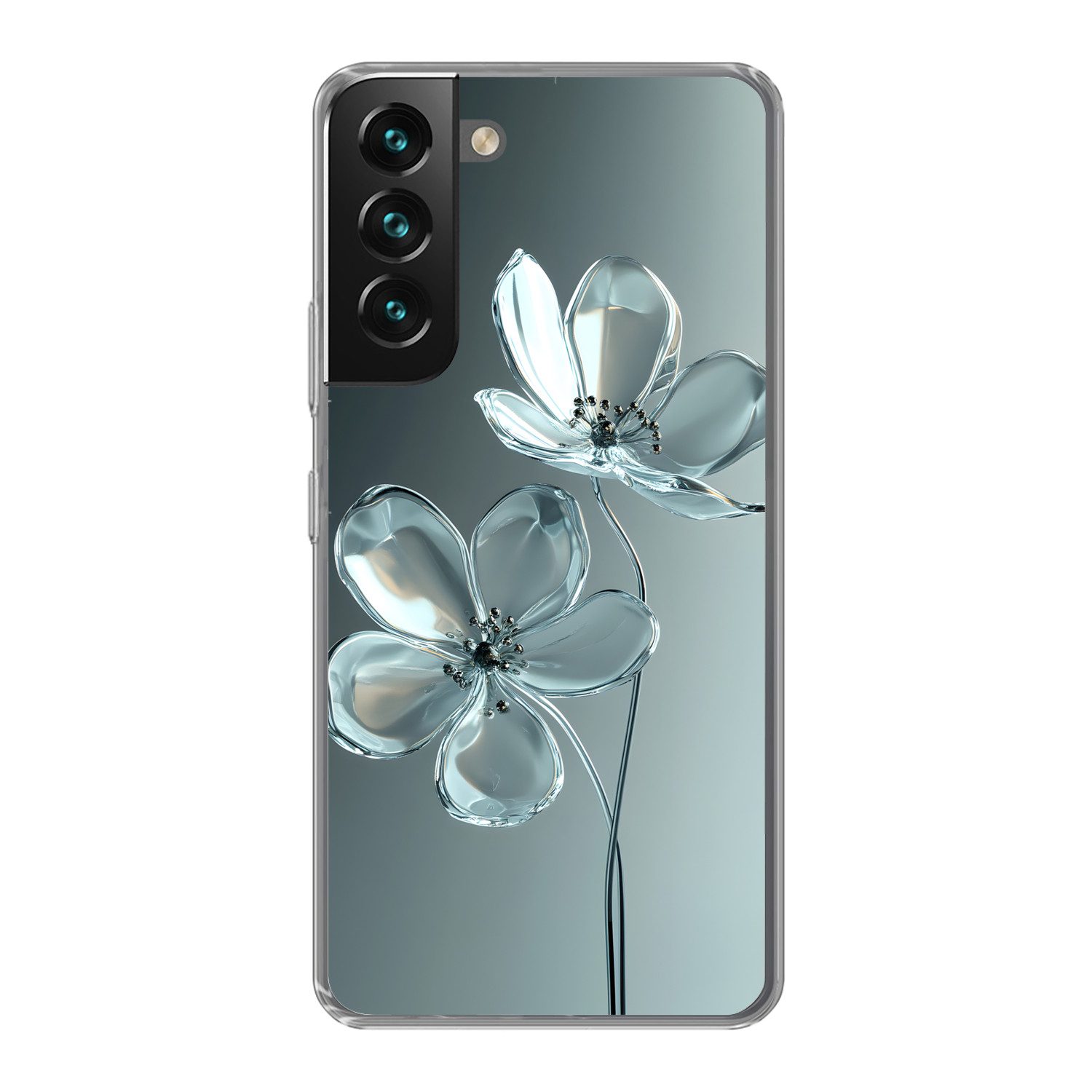 MuchoWow Handyhülle für Samsung Galaxy S22 Kristall - Blumen - Grau, Phone Case, Silikon, Schutzhülle Dünn