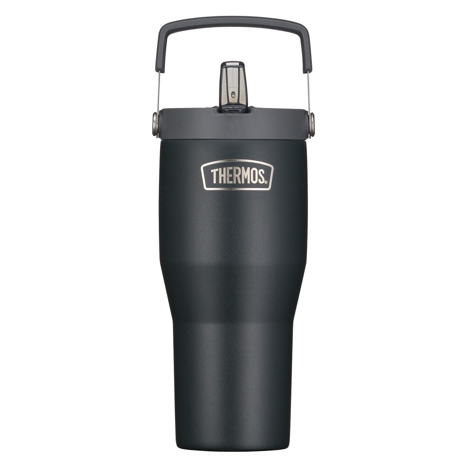 THERMOS Thermoflasche REFRESHING, 850 ml, Schwarz matt, Edelstahl, mit Deckel und Strohhalm, 6 Stunden warm/kalt