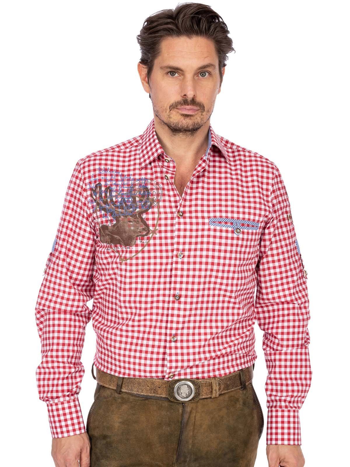 OS-Trachten Trachtenhemd Karo Langarmhemd HIRSCHKOPP rot (Slim Fit)