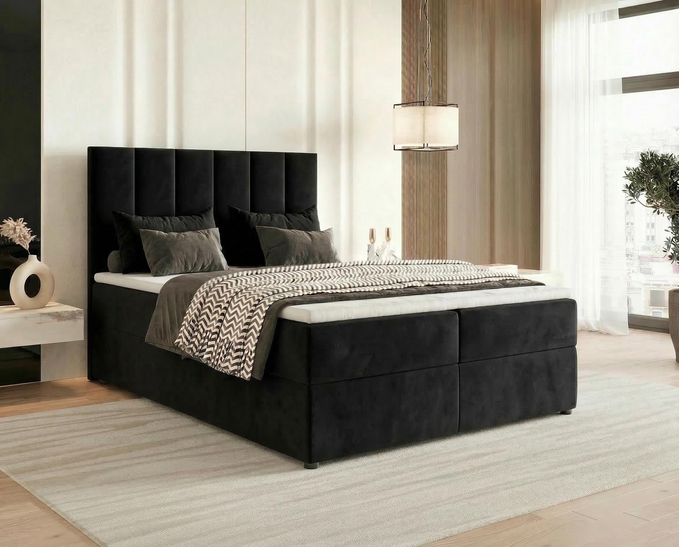 Chilly Möbel Boxspringbett Doppelbett mit Matratze H2/H3 Topper & Hubfunktion (Komplett in vielen Farben Holzrahmen, 1-St., 140x200 160x200 180x200 200x200cm), gepolstertem Kopfteil Stauraum modern