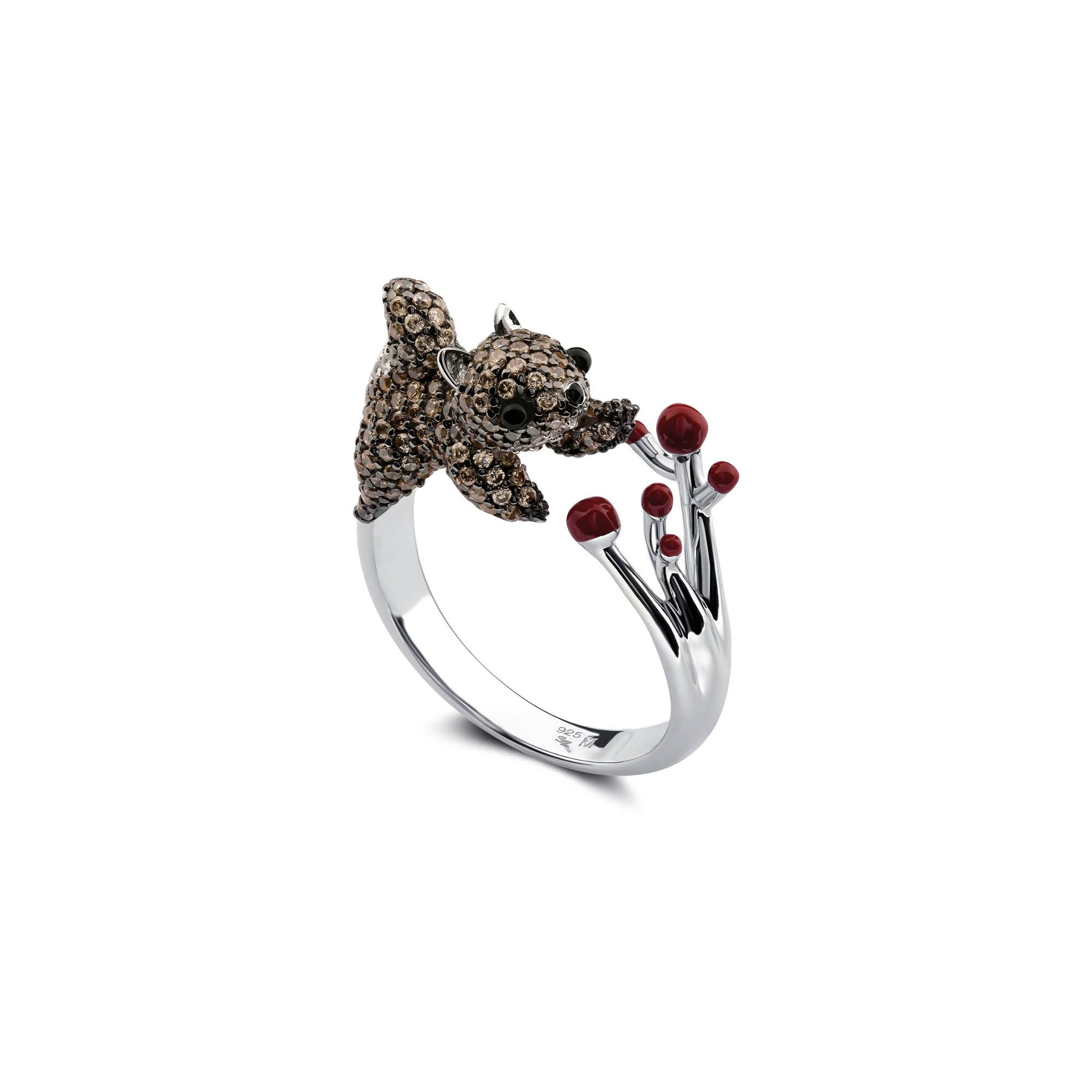 Seinerzeit FLORA & FAUNA Silberring Fluffy Eichhörnchen Ring (1-tlg), Material: 925 Sterling Silber, rhodiniert, geschwärzt mit Emaille