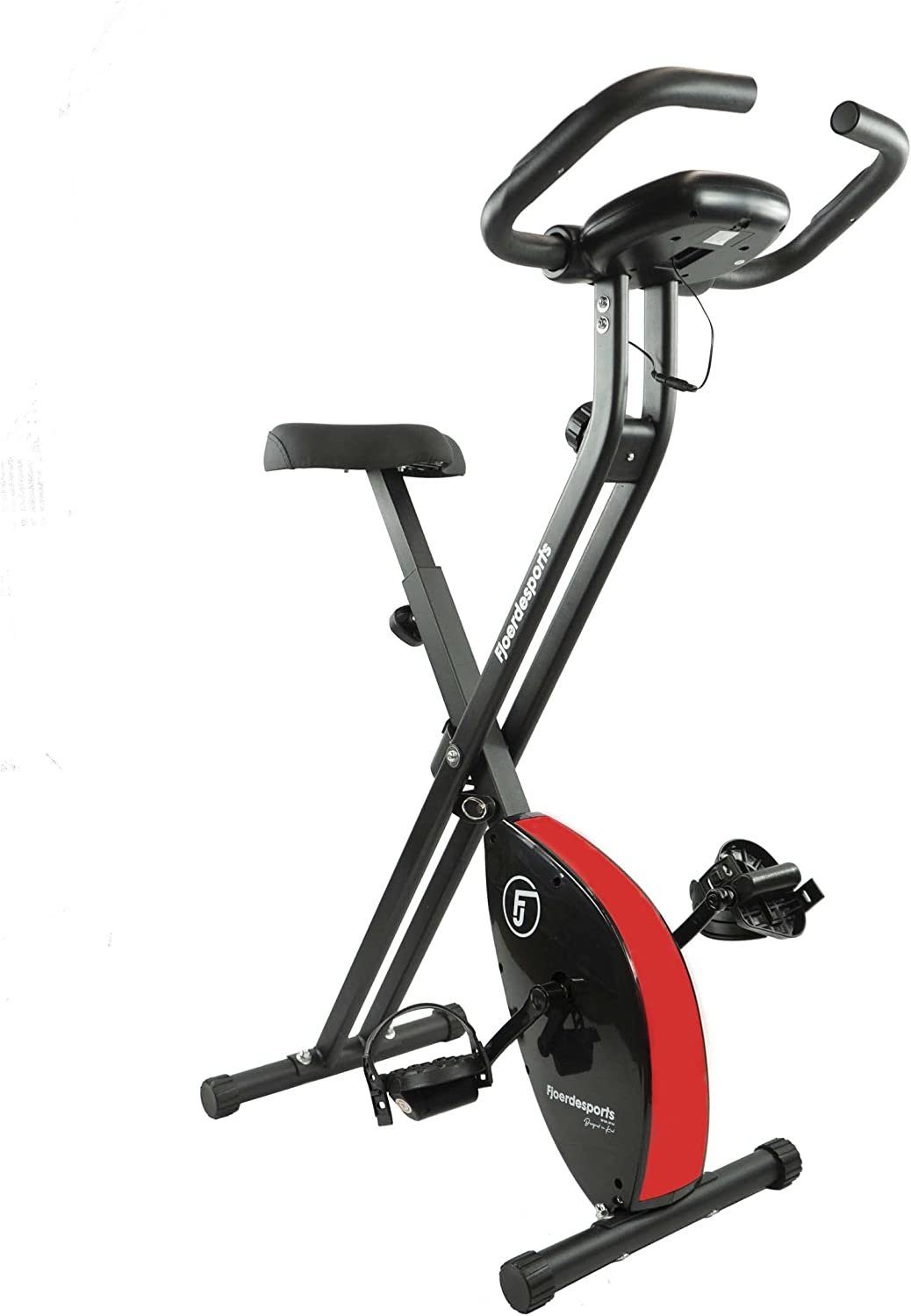 Fjoerdesports Heimtrainer Faltbarer Heimtrainer mit LCD Display Hometrainer Fitnessfahrrad (Maximales Benutzergewicht 110 Kg inkl. verstellbaren Sitz, klappbarer Hometrainer, inklusive Pulsmessung, maximales Benutzergerwicht 110 kg, Fitness Bike, Seniorentrainer, Bewegungstrainer, Trimmrad, höhenverstellbar, stabile Standfüße, bodenschonend, 8 Widerstandsstufen, Handpulssensoren, Riemenantrieb), Hometrainer, Fitnessfahrrad LCD Trainingscomputer