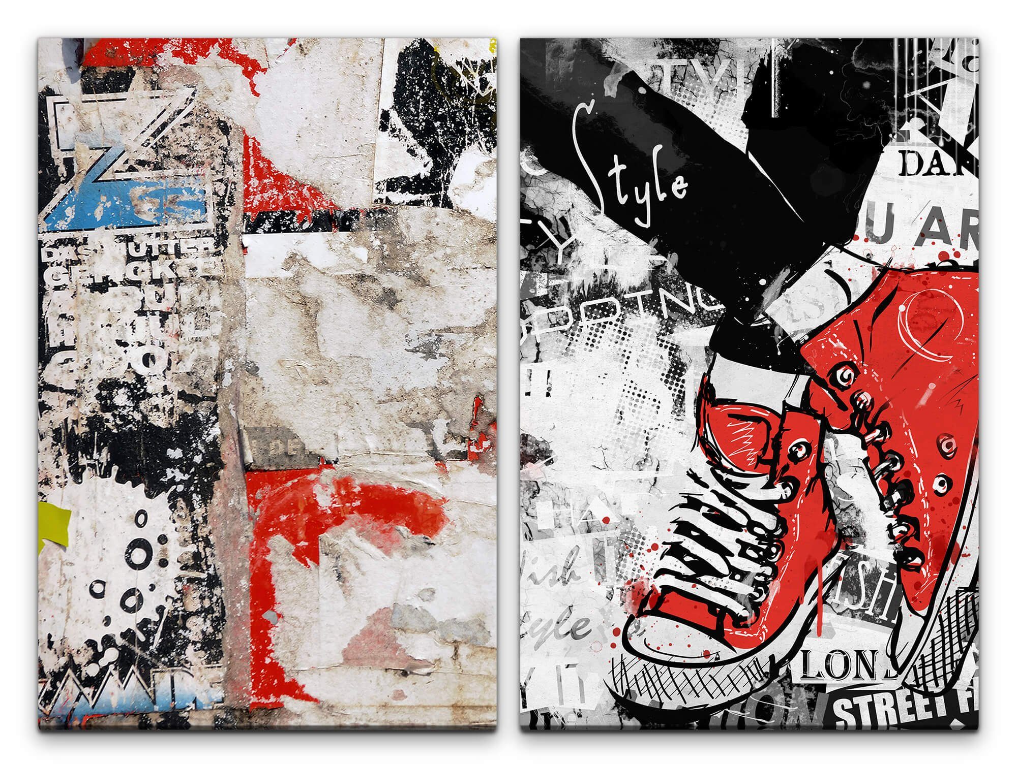 Sinus Art Leinwandbild 2 Bilder je 60x90cm Street Art Graffiti rote  Sneakers Converse Chucks Wand Grungy