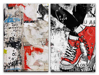 Sinus Art Leinwandbild 2 Bilder je 60x90cm Street Art Graffiti rote Sneakers Converse Chucks Wand Grungy