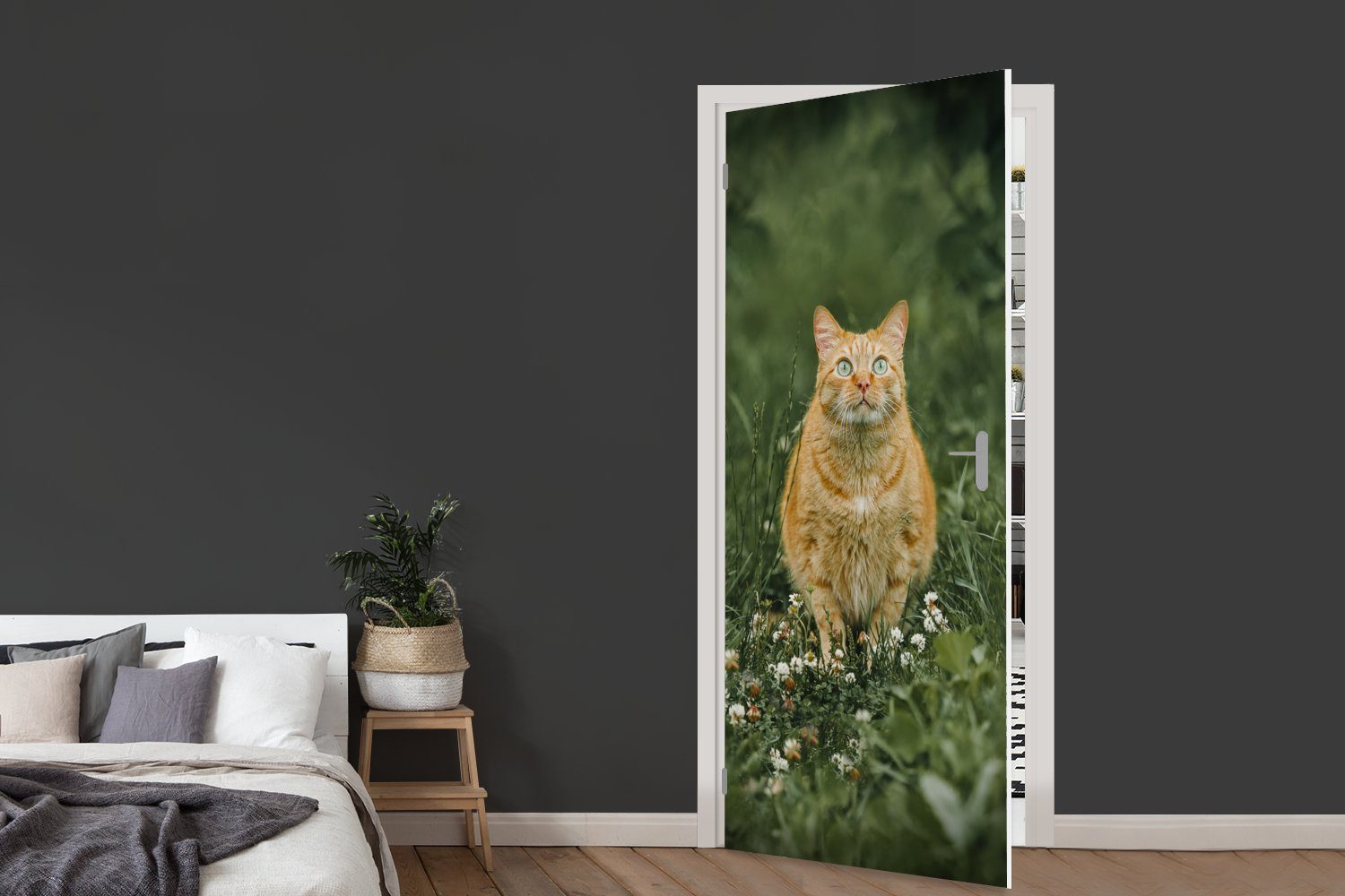 Fototapete Mantel, bedruckt, MuchoWow Katze Tür, - St), 75x205 Blumen Matt, - - für cm Pflanzen Türtapete (1 Türaufkleber,