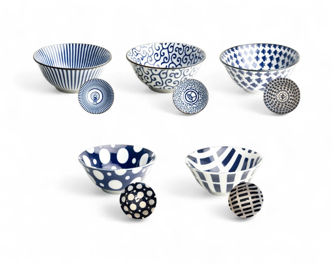 WestCraft Suppenschale Ramen Bowl Japan - Porzellan-Schalen 15 cm - 5er Mix-Set Seigaiha Mono, Porzellan, (5-tlg), Hochwertig, asiatische Reis-, Nudel-, Tapas-, Udon-, Müsli-Schüssel