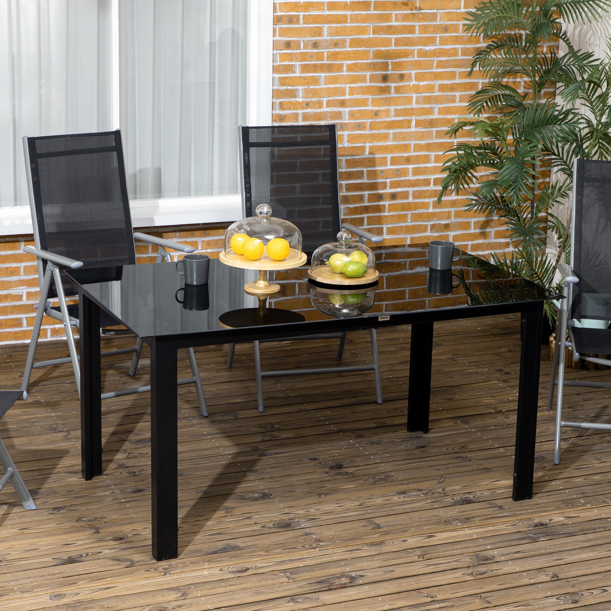 Outsunny Gartentisch Balkontisch mit Glas-Tischplatte, Buffettisch für 6 Personen (Partytisch aus Alu, 1-St., Terrassentisch mit Glastischplatte), Schwarz, 150 x 90 x 74 cm