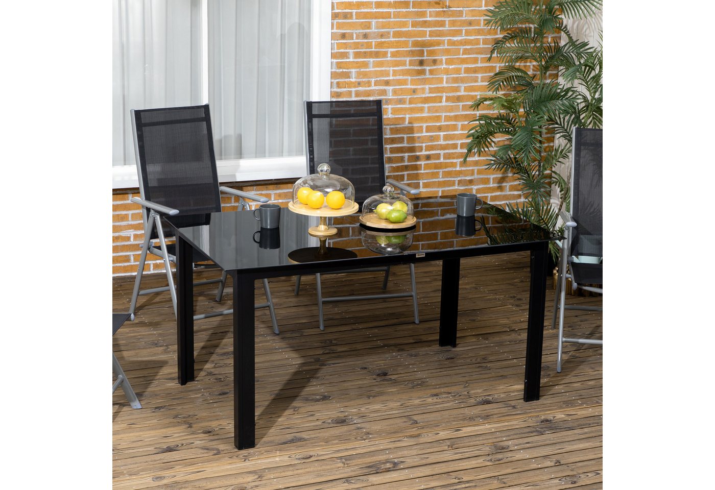 Outsunny Gartentisch Balkontisch mit Glas-Tischplatte, Buffettisch für 6 Personen (Partytisch aus Alu, 1-St., Terrassentisch mit Glastischplatte), Schwarz, 150 x 90 x 74 cm