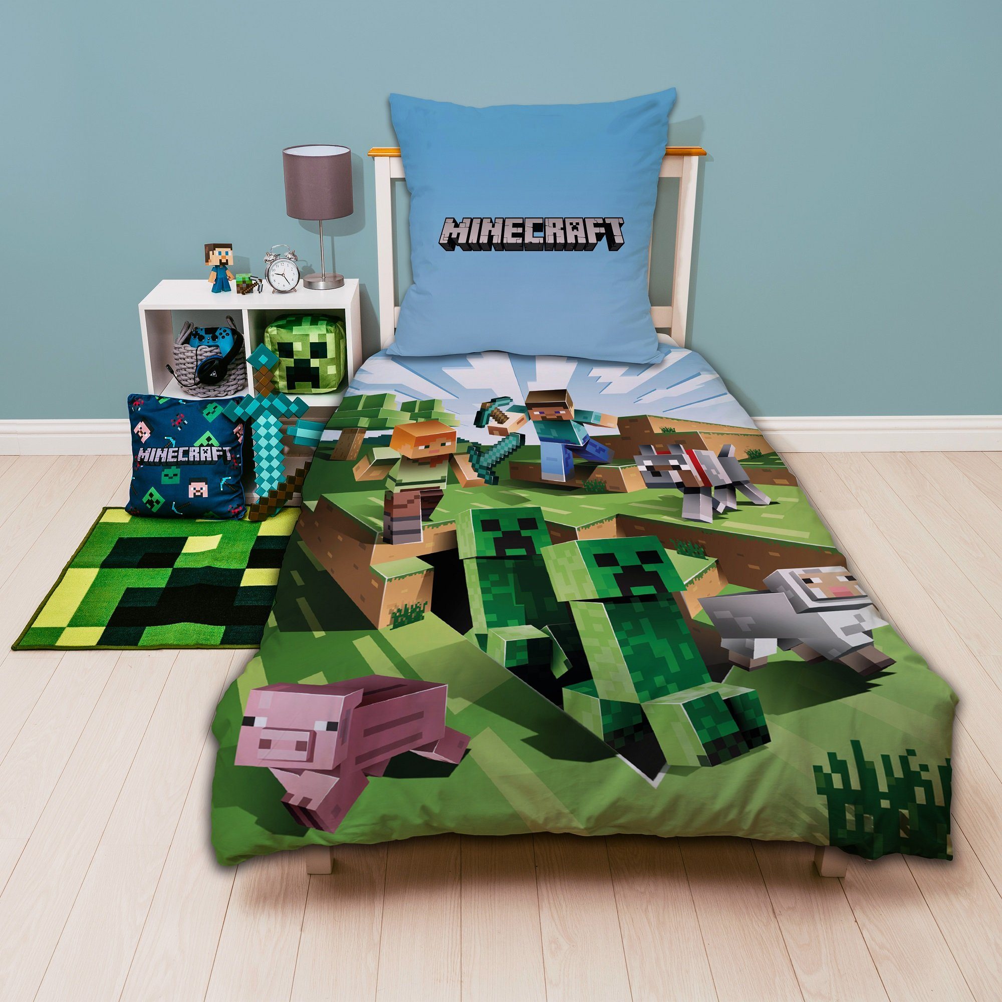 Kinderbettwäsche Minecraft "Battle" 135x200 + 80x80 cm aus 100% Baumwolle, Familando, Renforcé, 2 teilig, mit Charakteren Steve, Alex und Creeper