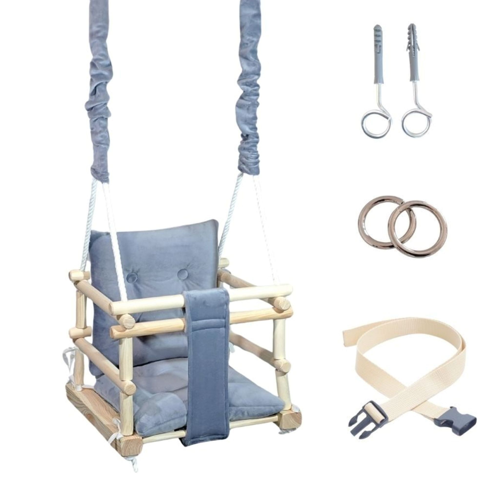 LuMali Babyschaukel Babyschaukel Magic 3in1 Holz Sicherheitsgurt drinnen draußen 34cm, Kinderschaukel Naturholz Kiefer weich verstellbar 10-36 Monate